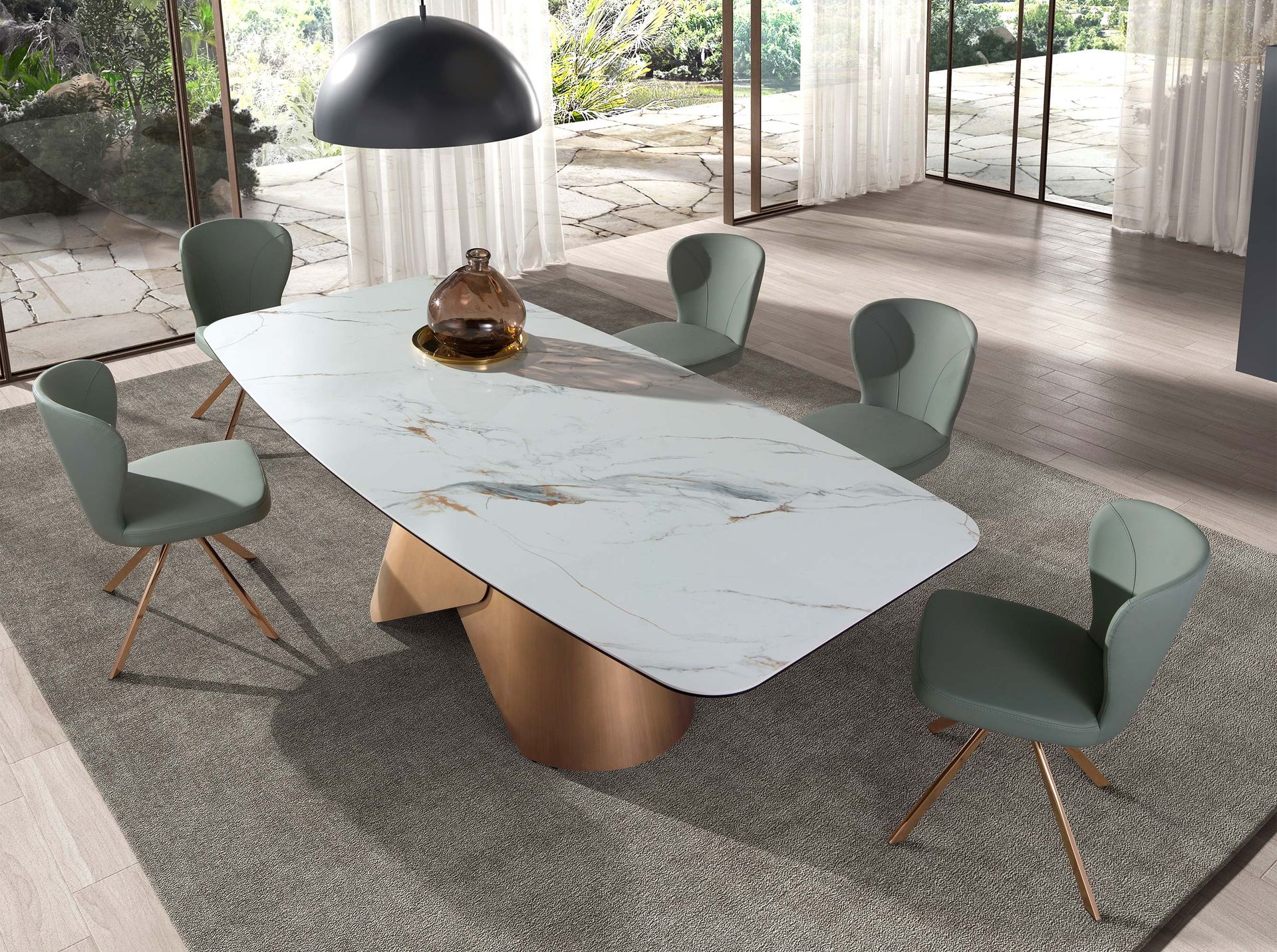 Oval dining table with porcelain marble barrel and bronze-coloured steel barrel