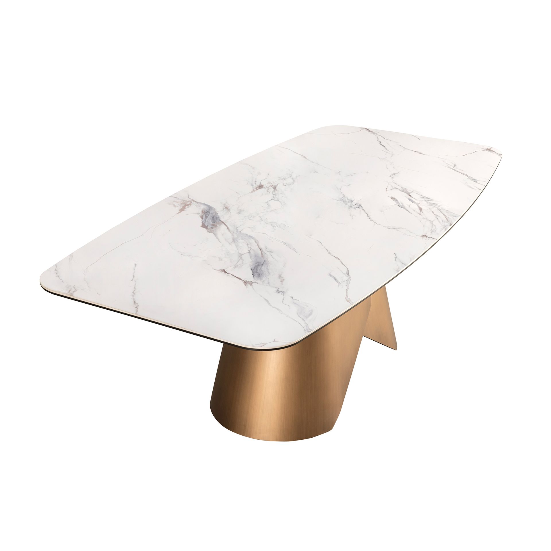 Oval dining table with porcelain marble barrel and bronze-coloured steel barrel