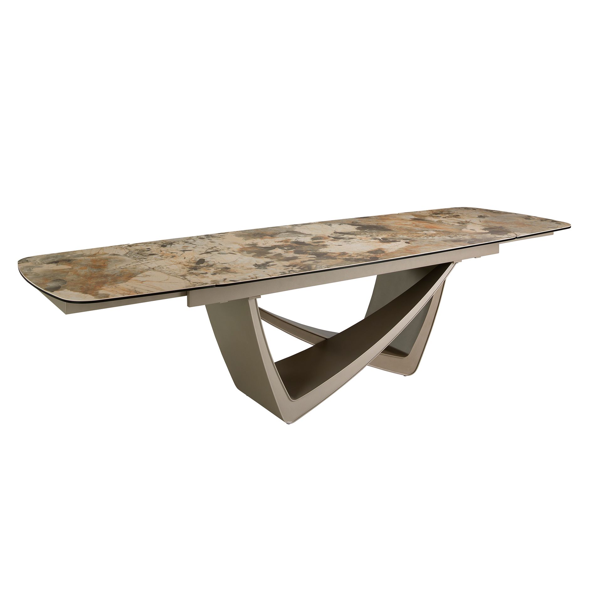 Oval extending dining table oval barrel porcelain marble and taupe metallic steel