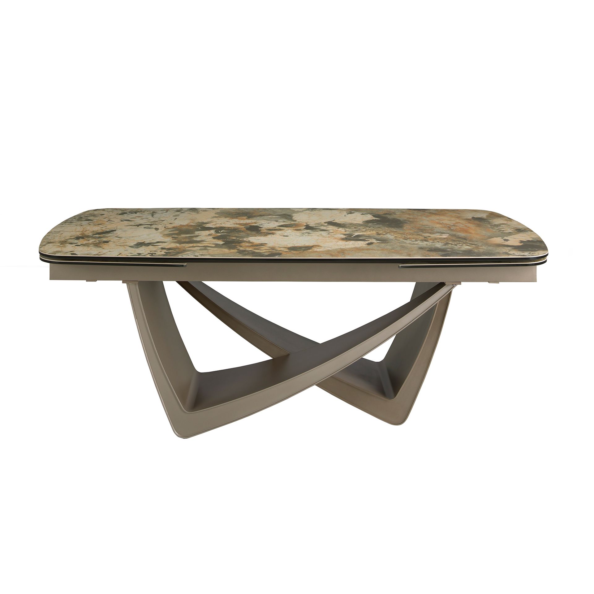 Oval extending dining table oval barrel porcelain marble and taupe metallic steel