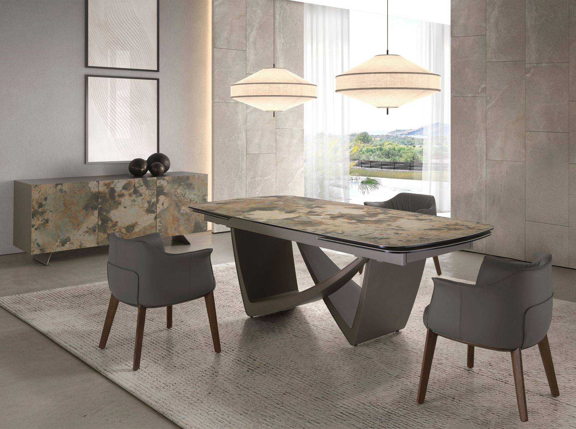 Oval extending dining table oval barrel porcelain marble and taupe metallic steel