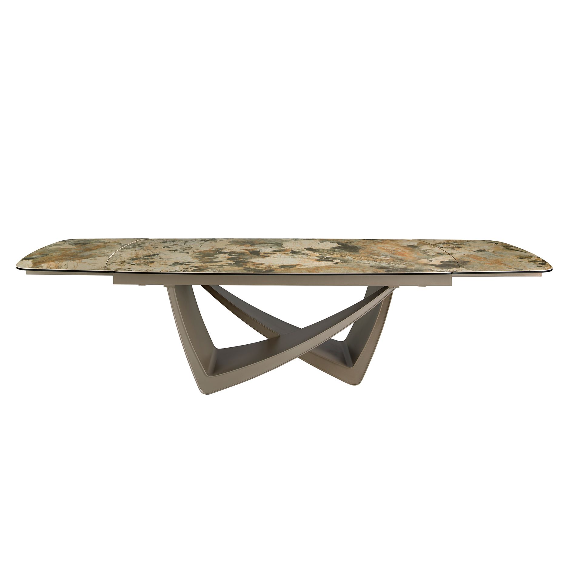 Oval extending dining table oval barrel porcelain marble and taupe metallic steel