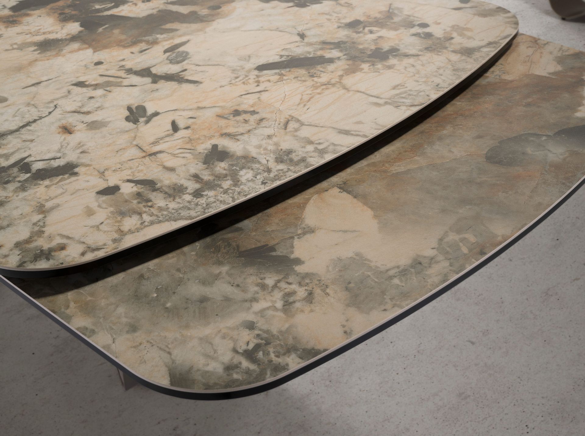 Oval extending dining table oval barrel porcelain marble and taupe metallic steel
