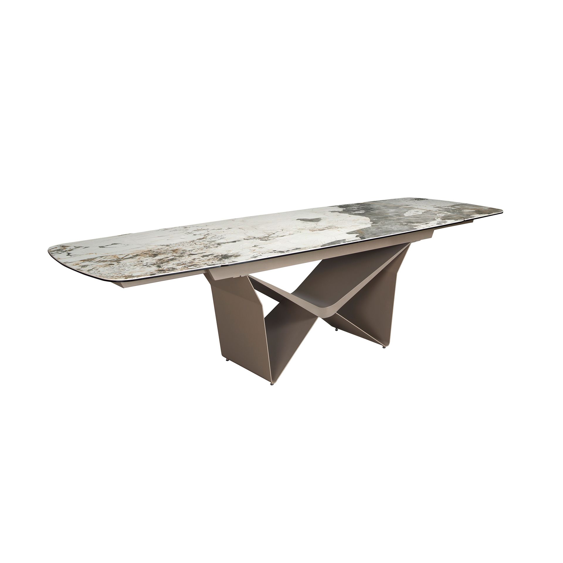 Oval extending dining table oval barrel porcelain marble and taupe metallic steel