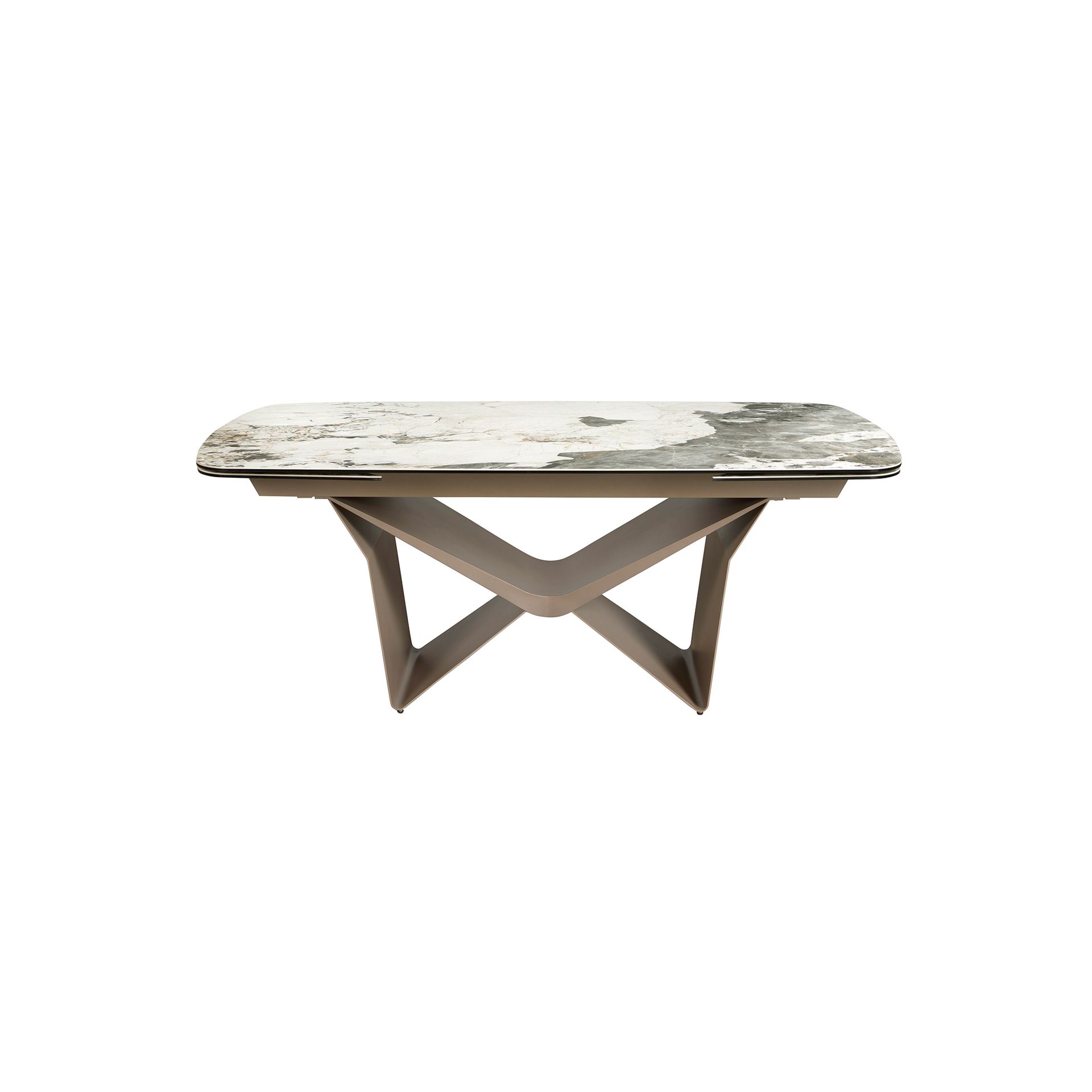 Oval extending dining table oval barrel porcelain marble and taupe metallic steel