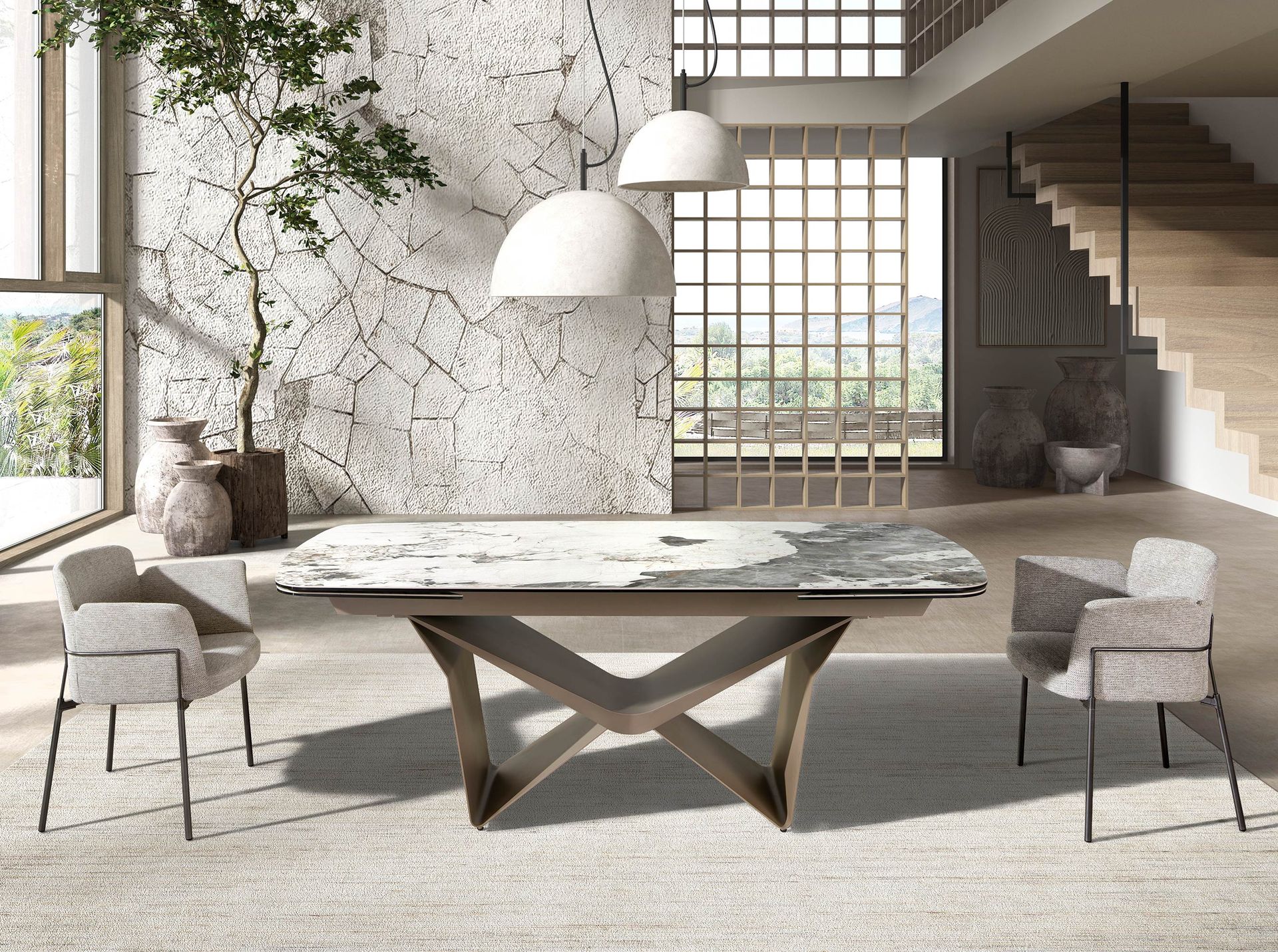 Oval extending dining table oval barrel porcelain marble and taupe metallic steel