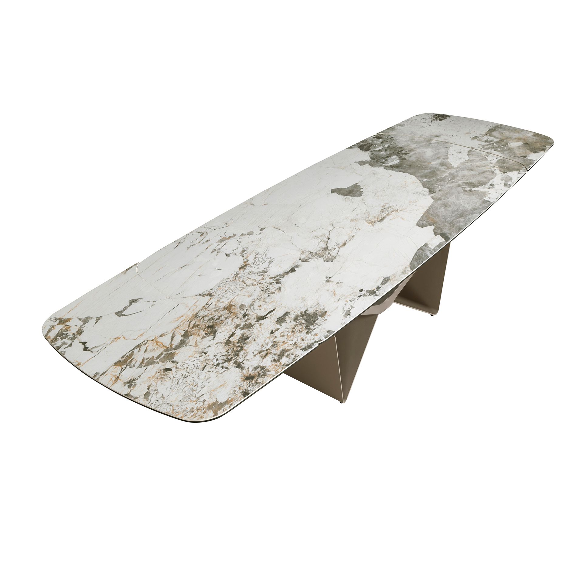 Oval extending dining table oval barrel porcelain marble and taupe metallic steel