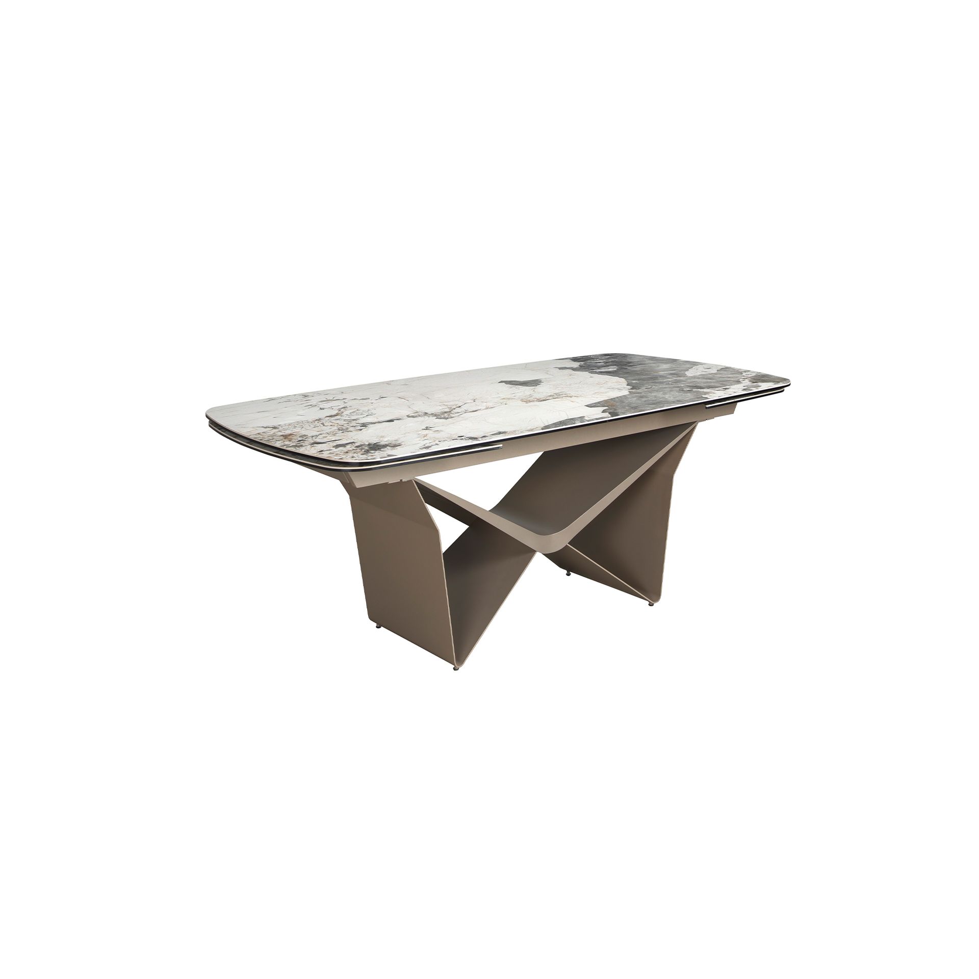 Oval extending dining table oval barrel porcelain marble and taupe metallic steel