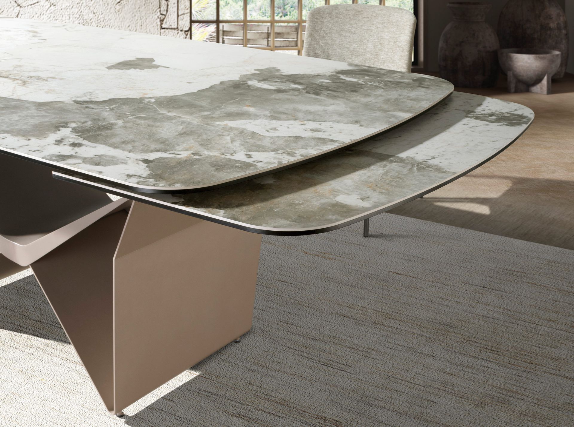 Oval extending dining table oval barrel porcelain marble and taupe metallic steel