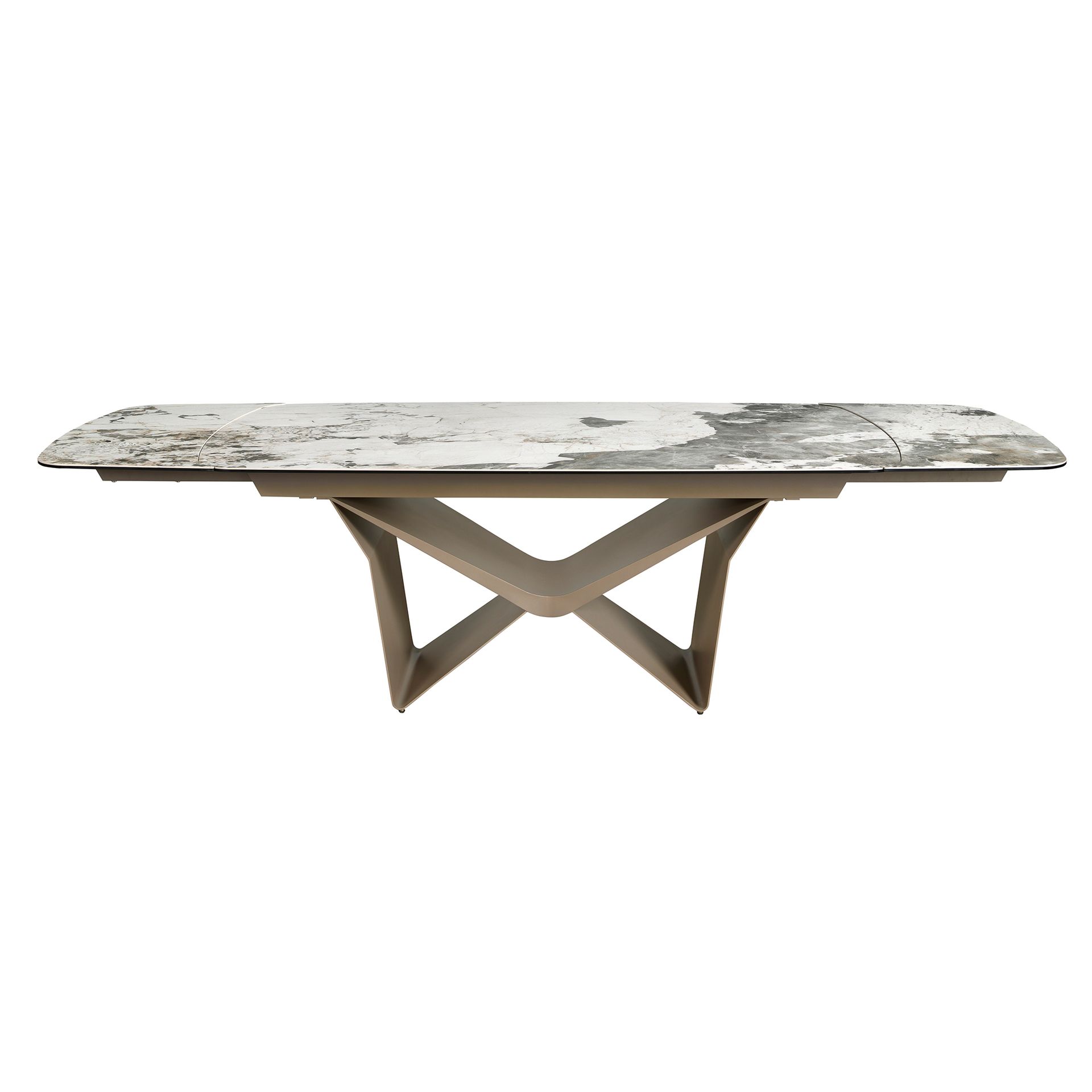 Oval extending dining table oval barrel porcelain marble and taupe metallic steel
