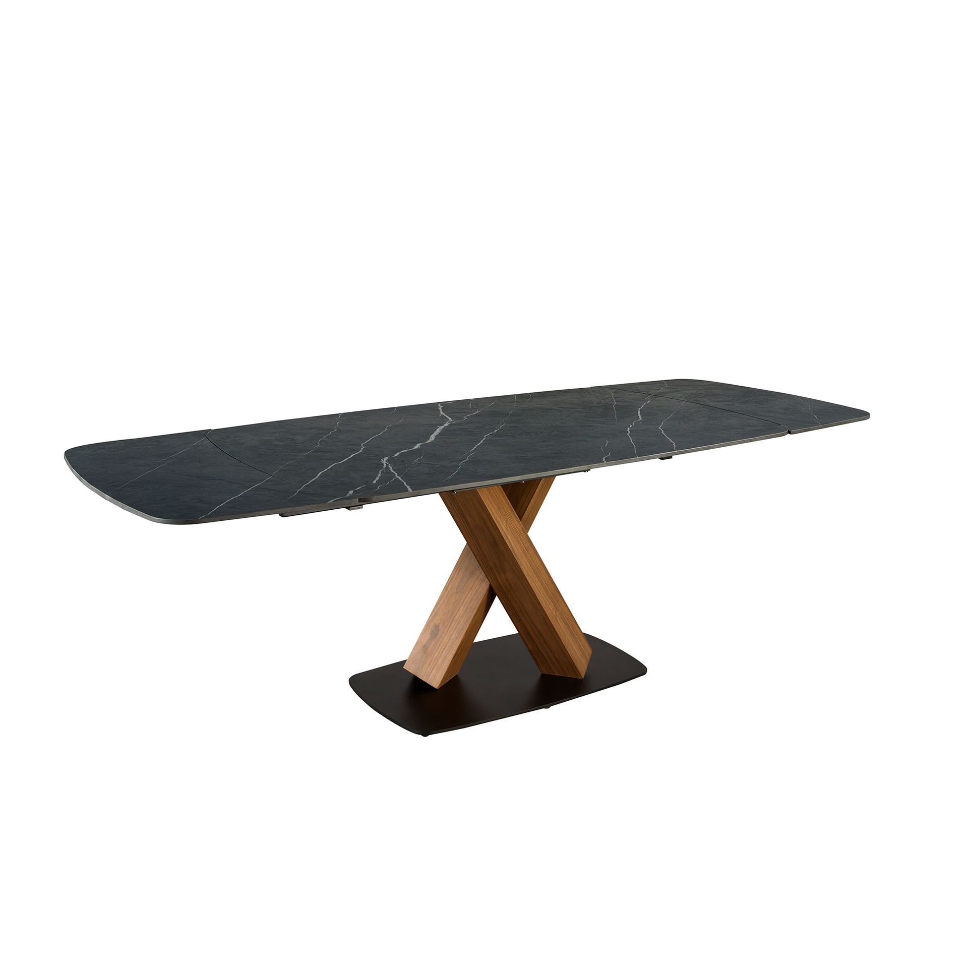 Oval extending dining table with porcelain marble and walnut barrel