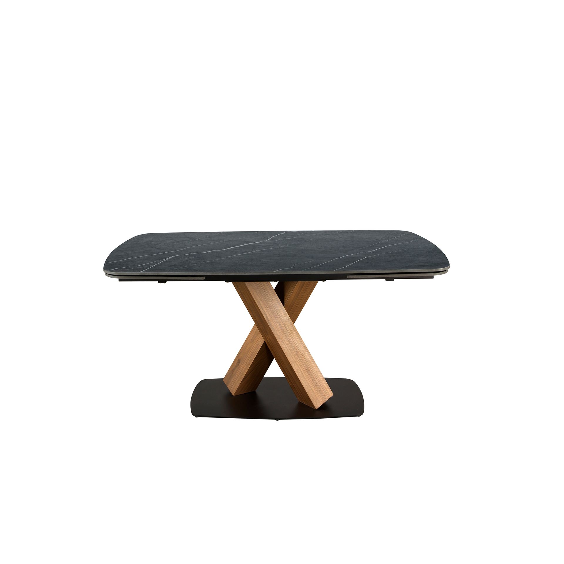 Oval extending dining table with porcelain marble and walnut barrel
