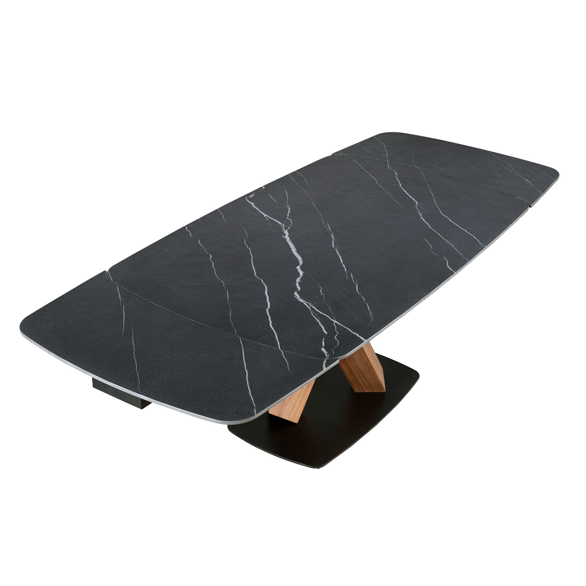 Oval extending dining table with porcelain marble and walnut barrel