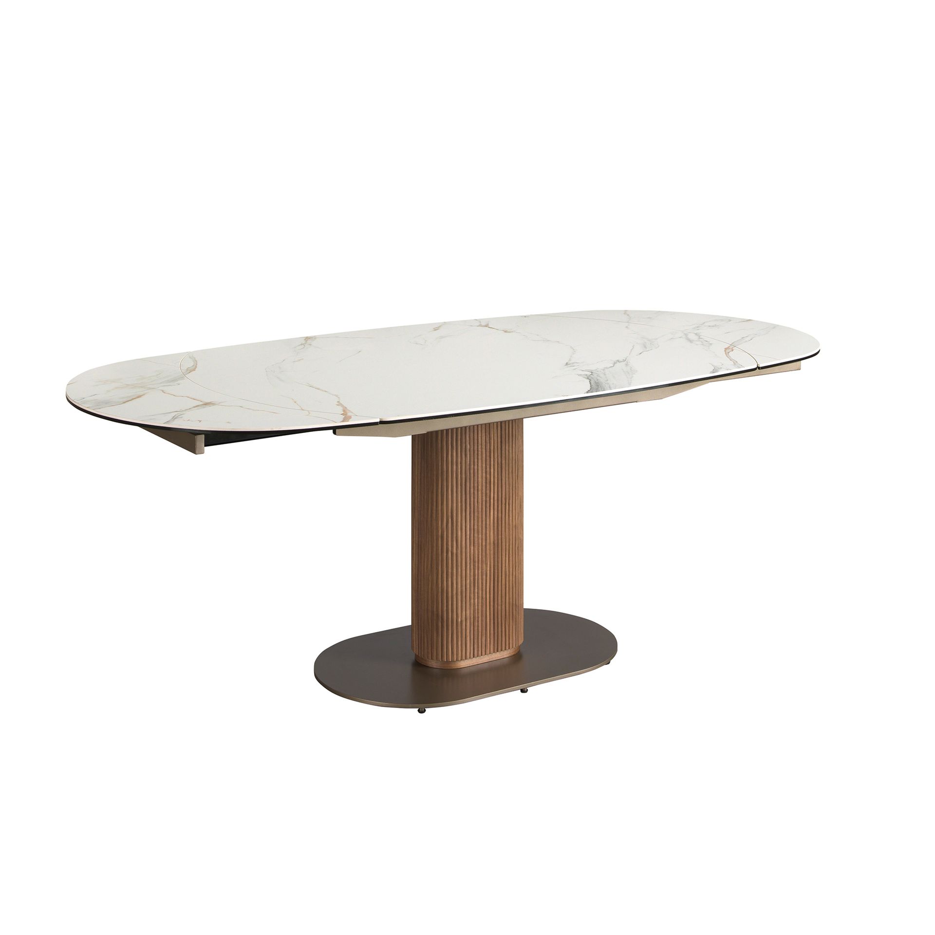 Oval extending dining table with porcelain marble and walnut barrel