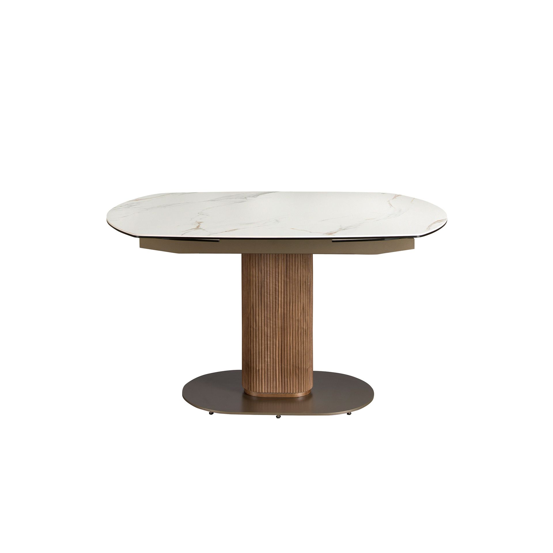 Oval extending dining table with porcelain marble and walnut barrel