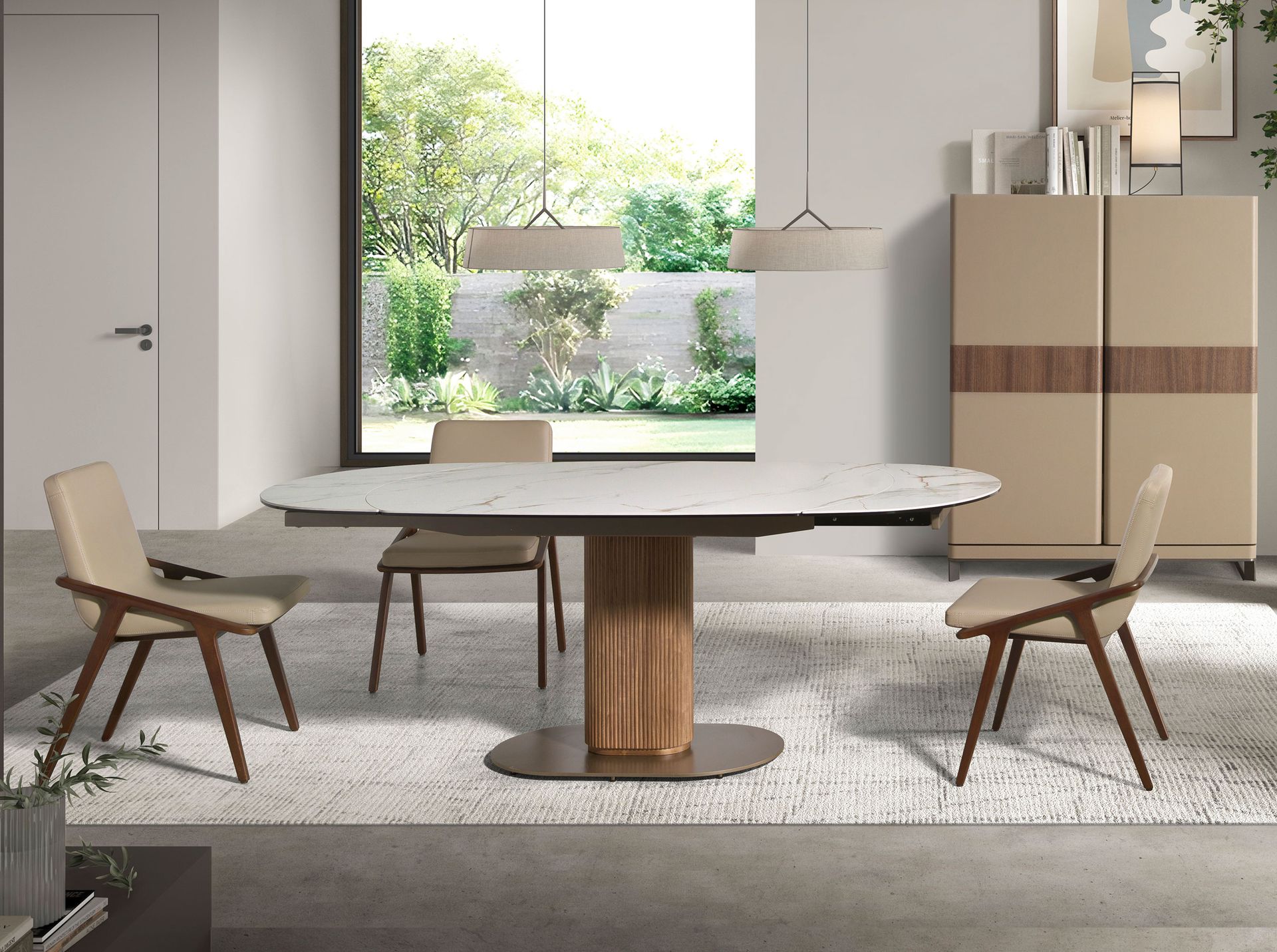 Oval extending dining table with porcelain marble and walnut barrel