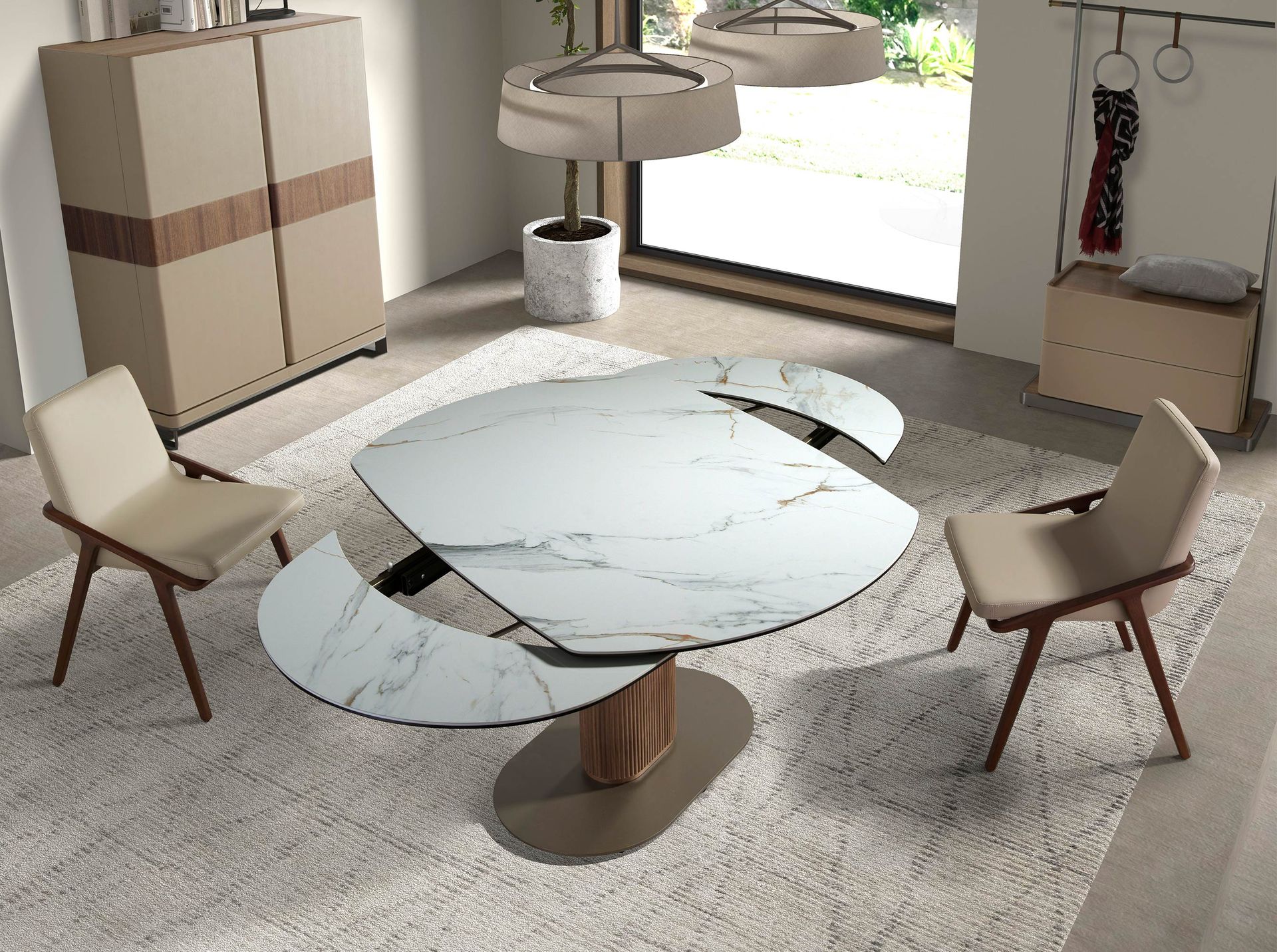 Oval extending dining table with porcelain marble and walnut barrel