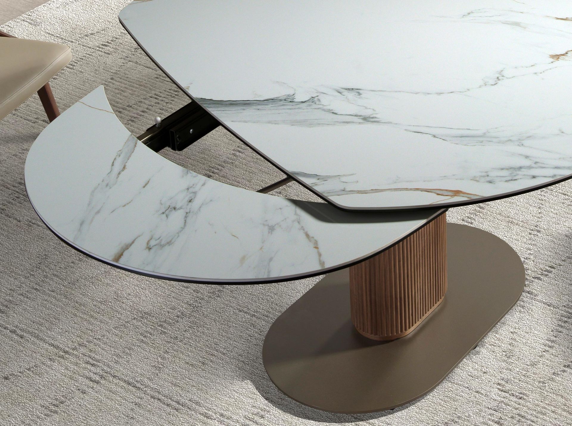 Oval extending dining table with porcelain marble and walnut barrel
