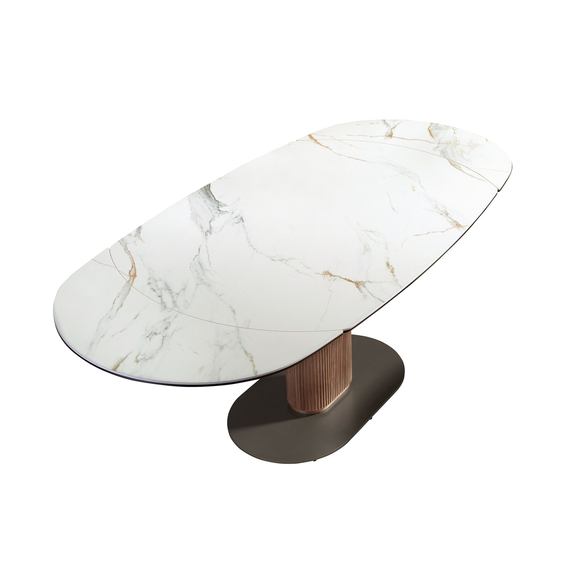 Oval extending dining table with porcelain marble and walnut barrel