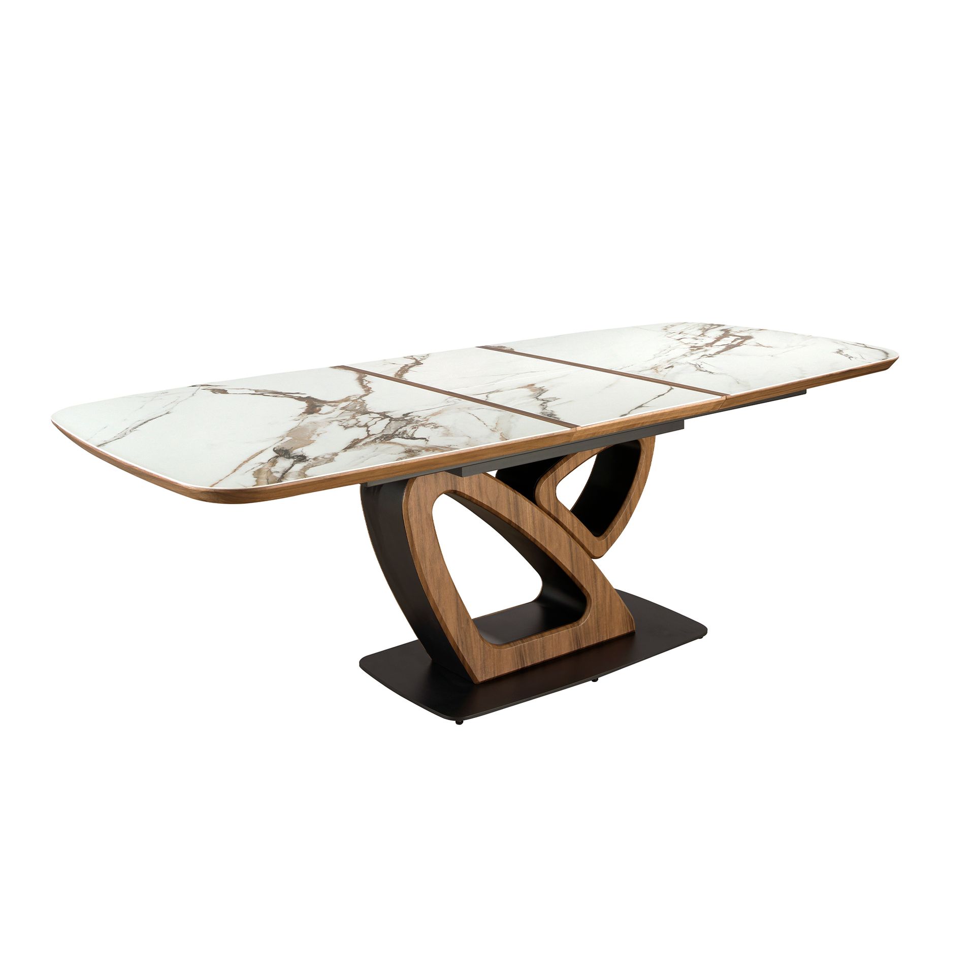 Oval extending dining table with porcelain marble and walnut barrel