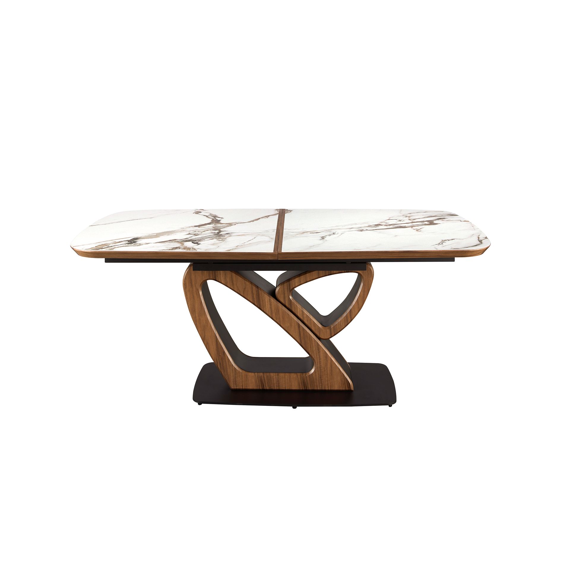 Oval extending dining table with porcelain marble and walnut barrel