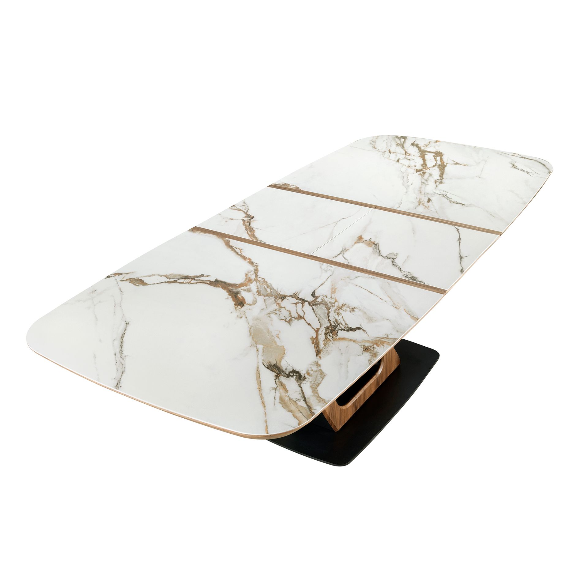Oval extending dining table with porcelain marble and walnut barrel