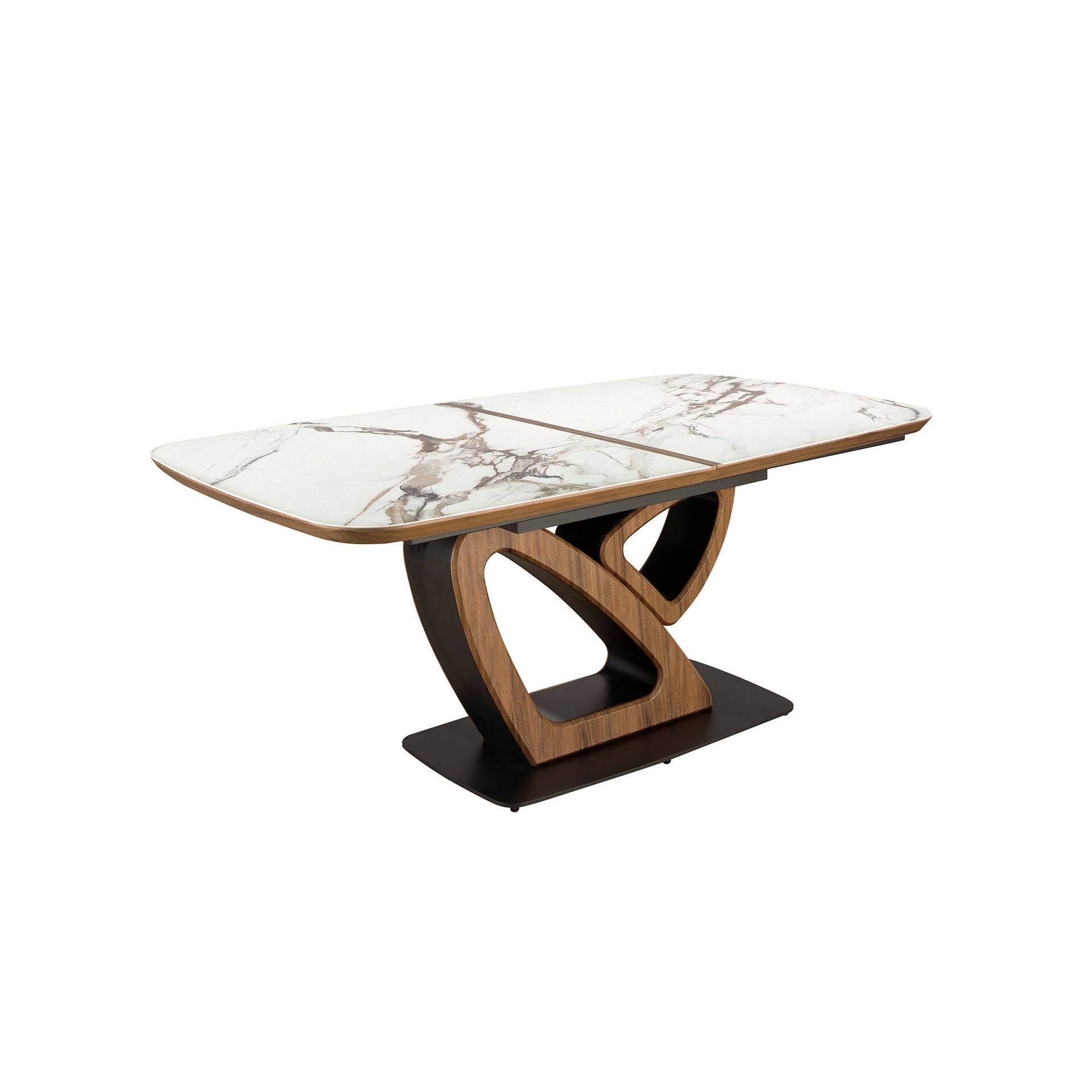 Oval extending dining table with porcelain marble and walnut barrel