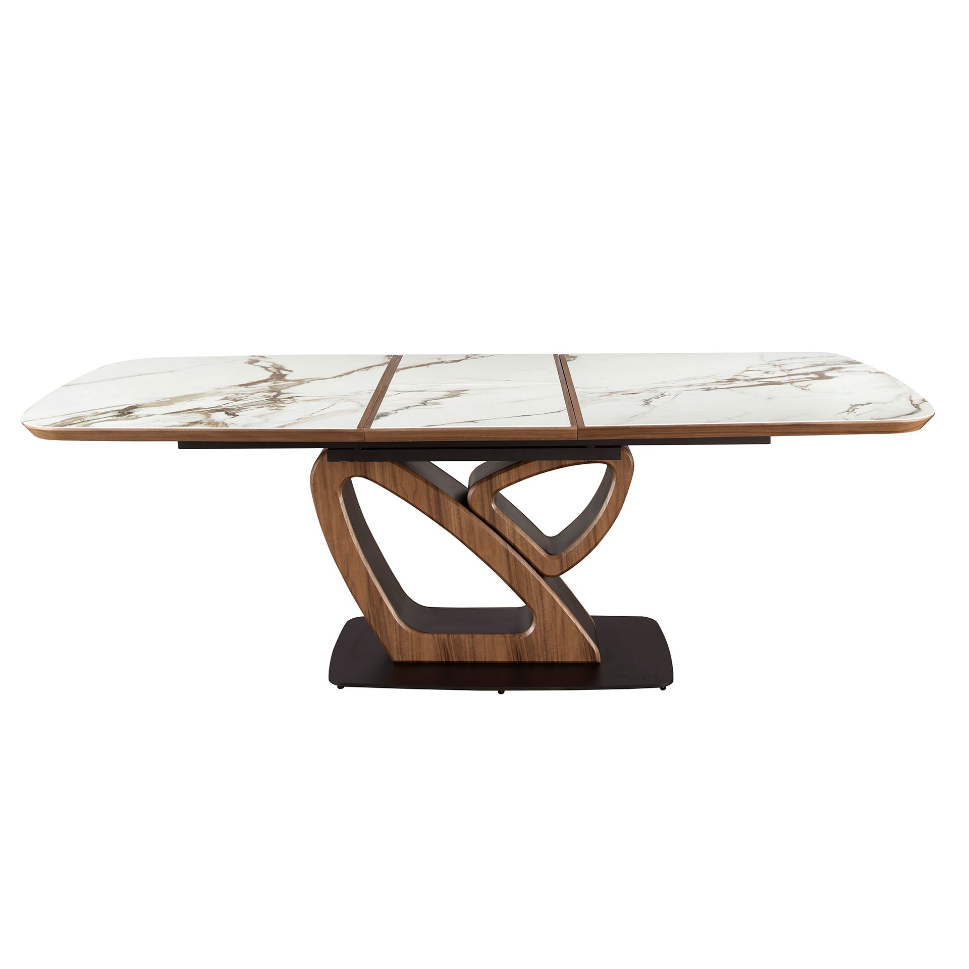 Oval extending dining table with porcelain marble and walnut barrel