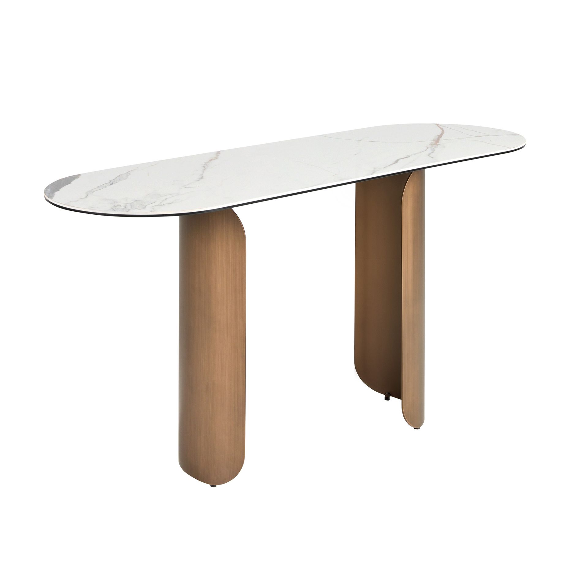 Oval half-round console table in porcelain marble and bronze-coloured steel