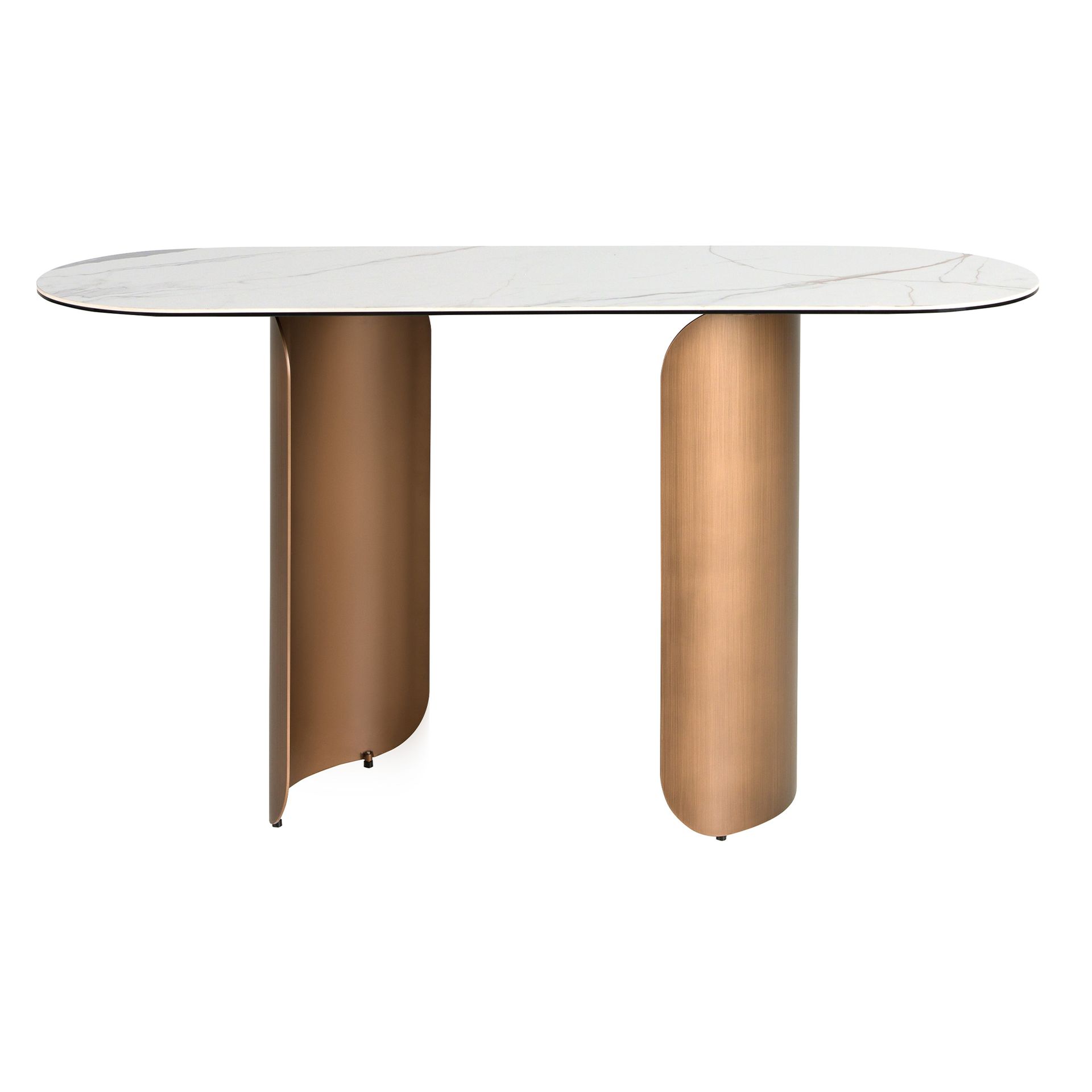 Oval half-round console table in porcelain marble and bronze-coloured steel