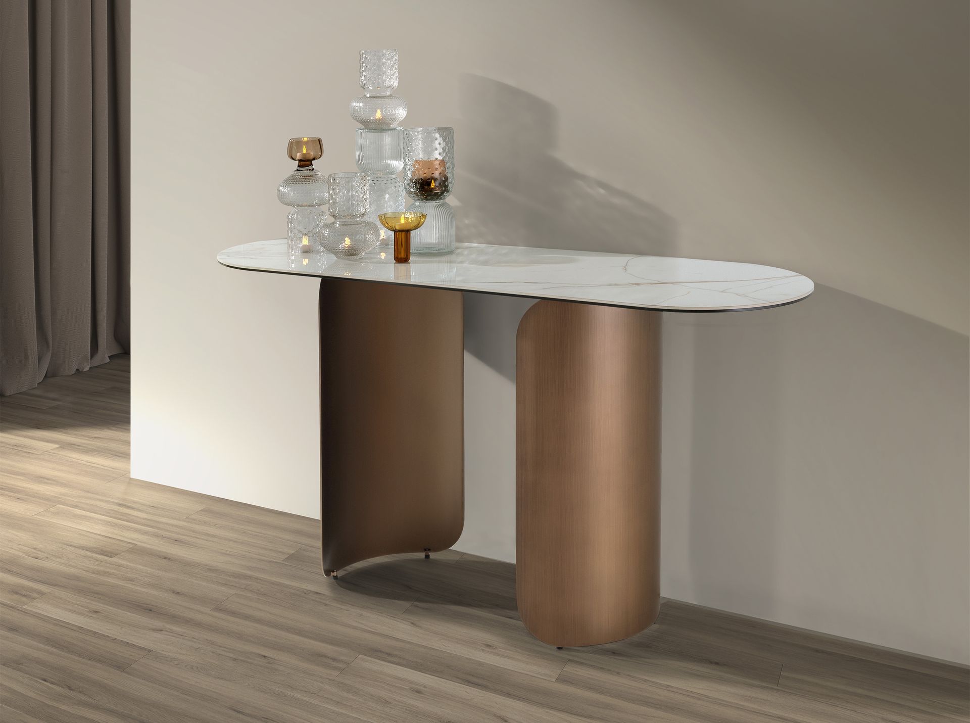 Oval half-round console table in porcelain marble and bronze-coloured steel