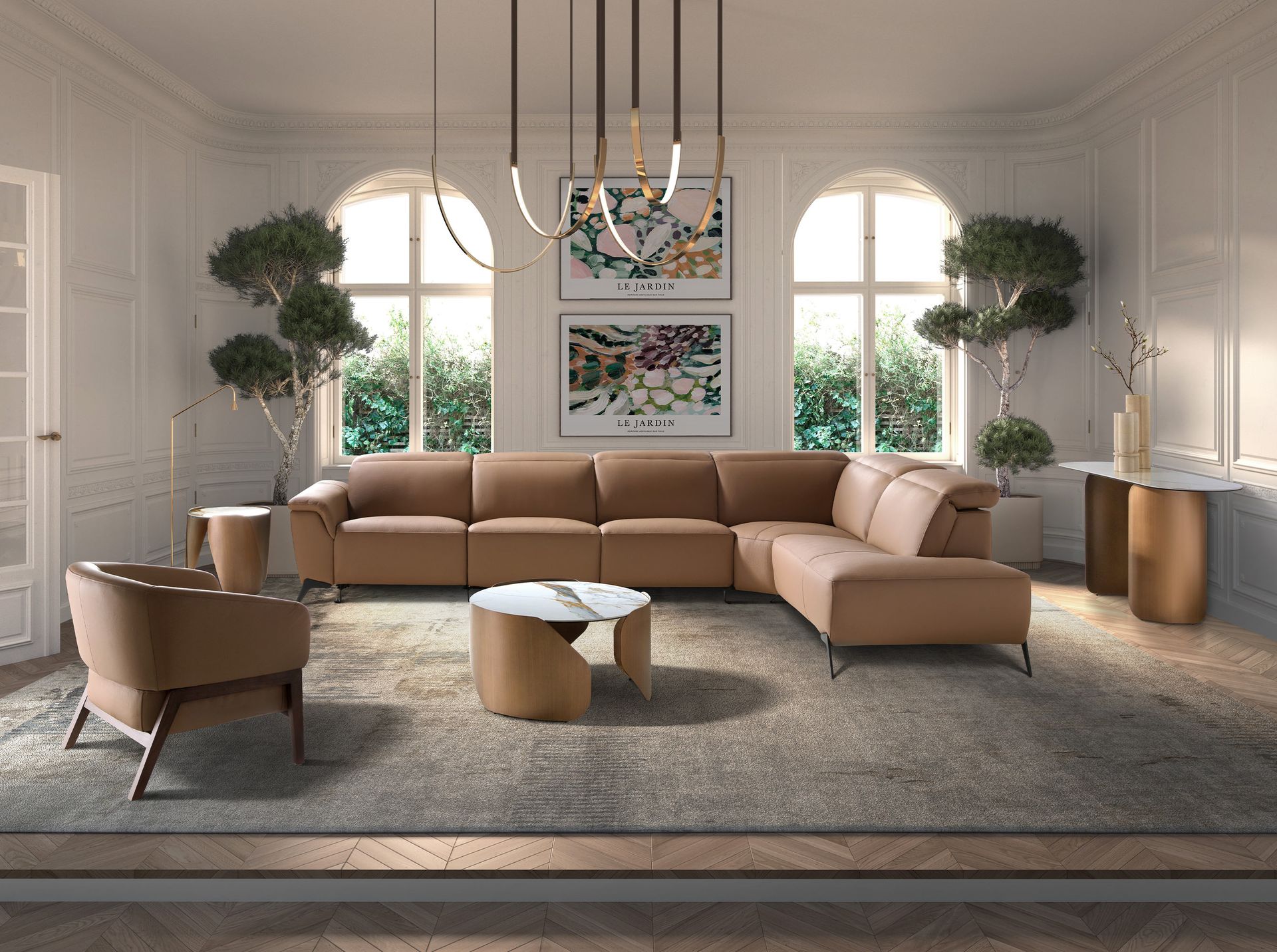 Oval half-round console table in porcelain marble and bronze-coloured steel