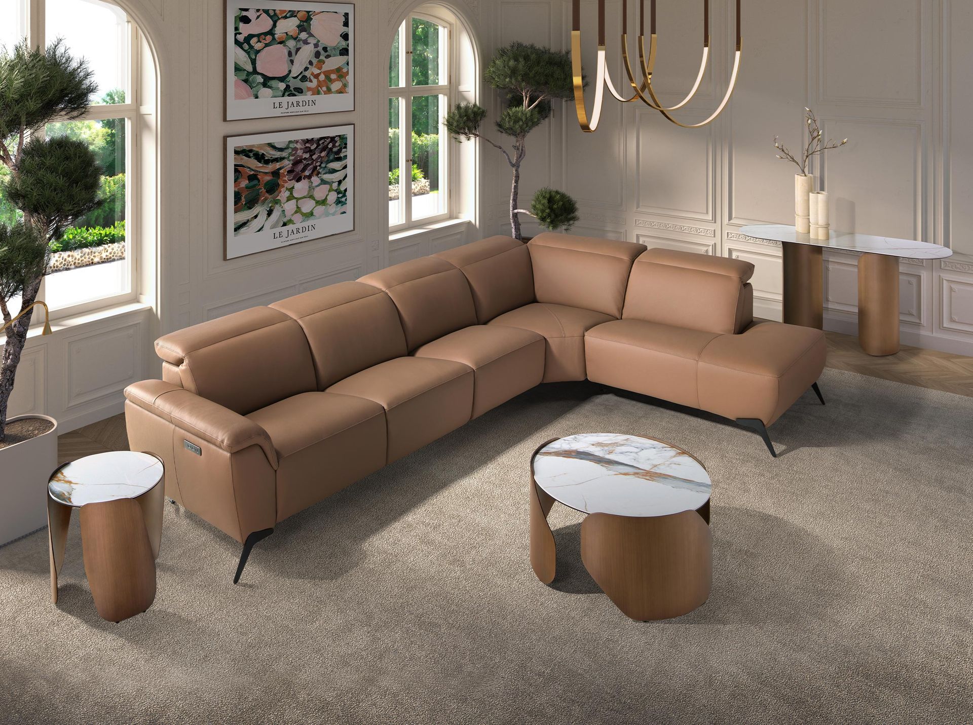Oval half-round console table in porcelain marble and bronze-coloured steel