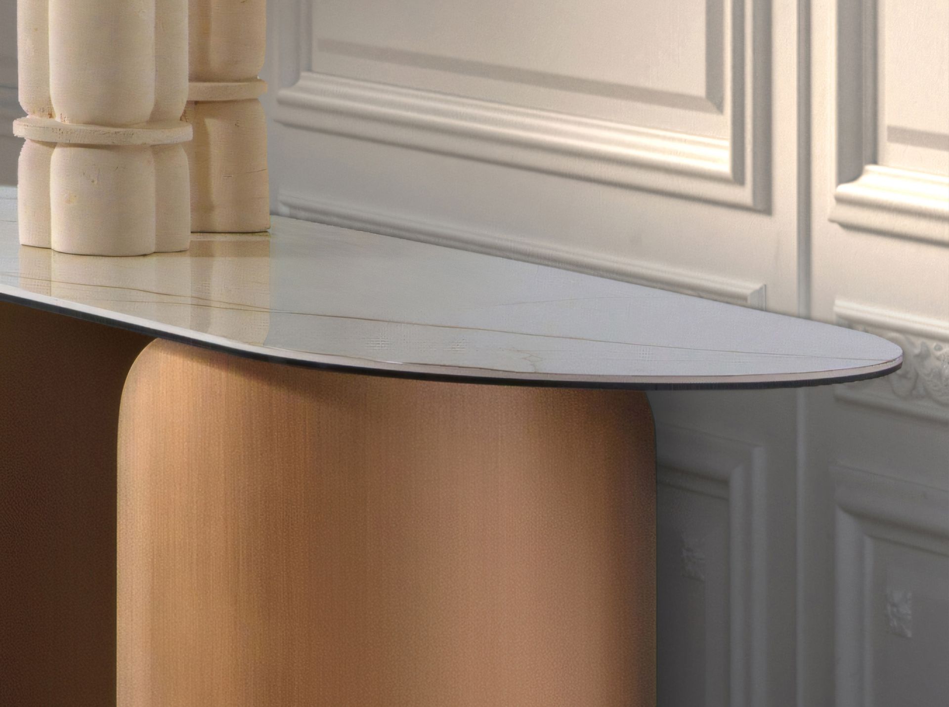 Oval half-round console table in porcelain marble and bronze-coloured steel