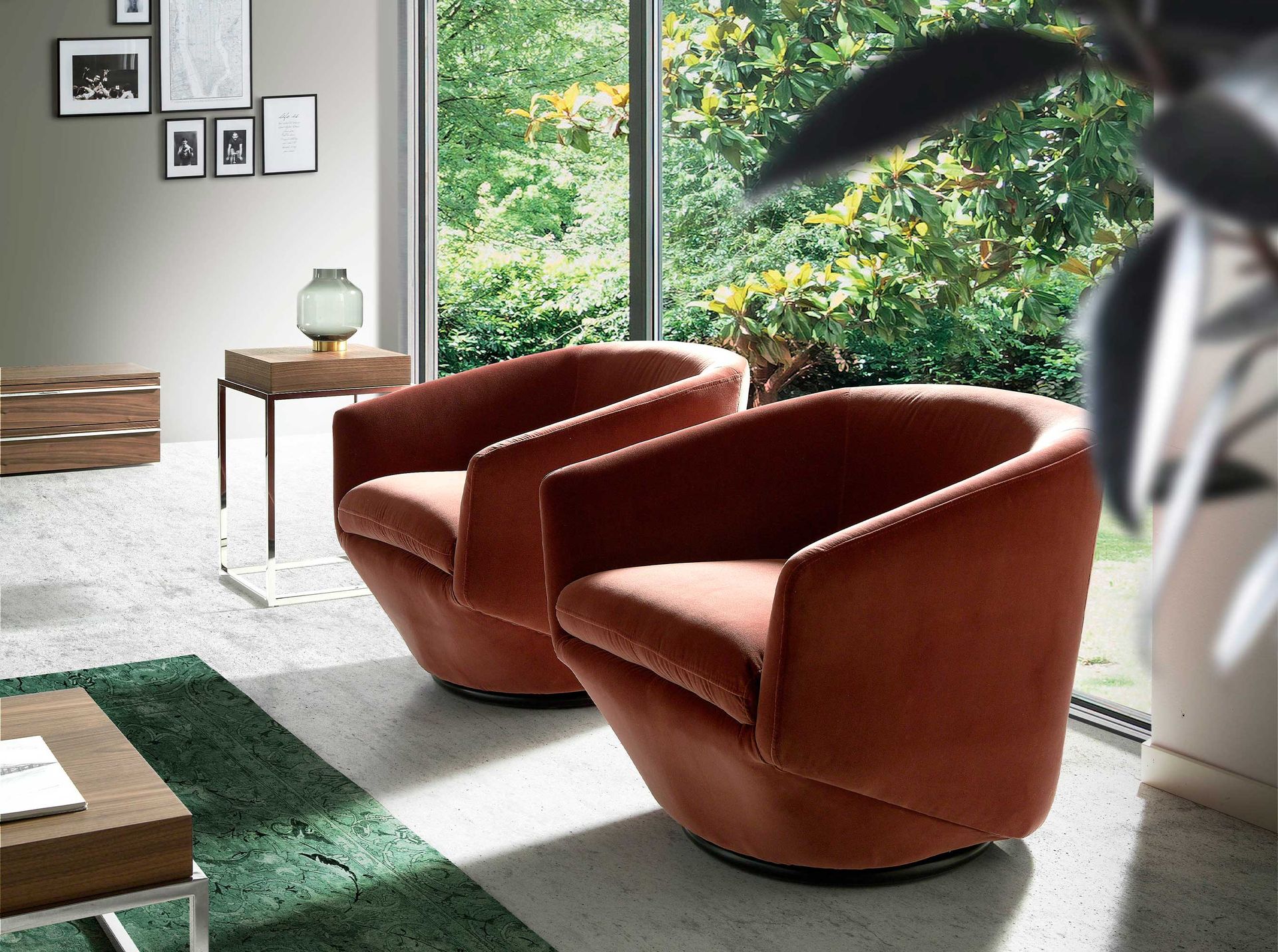 Peach velvet swivel armchair