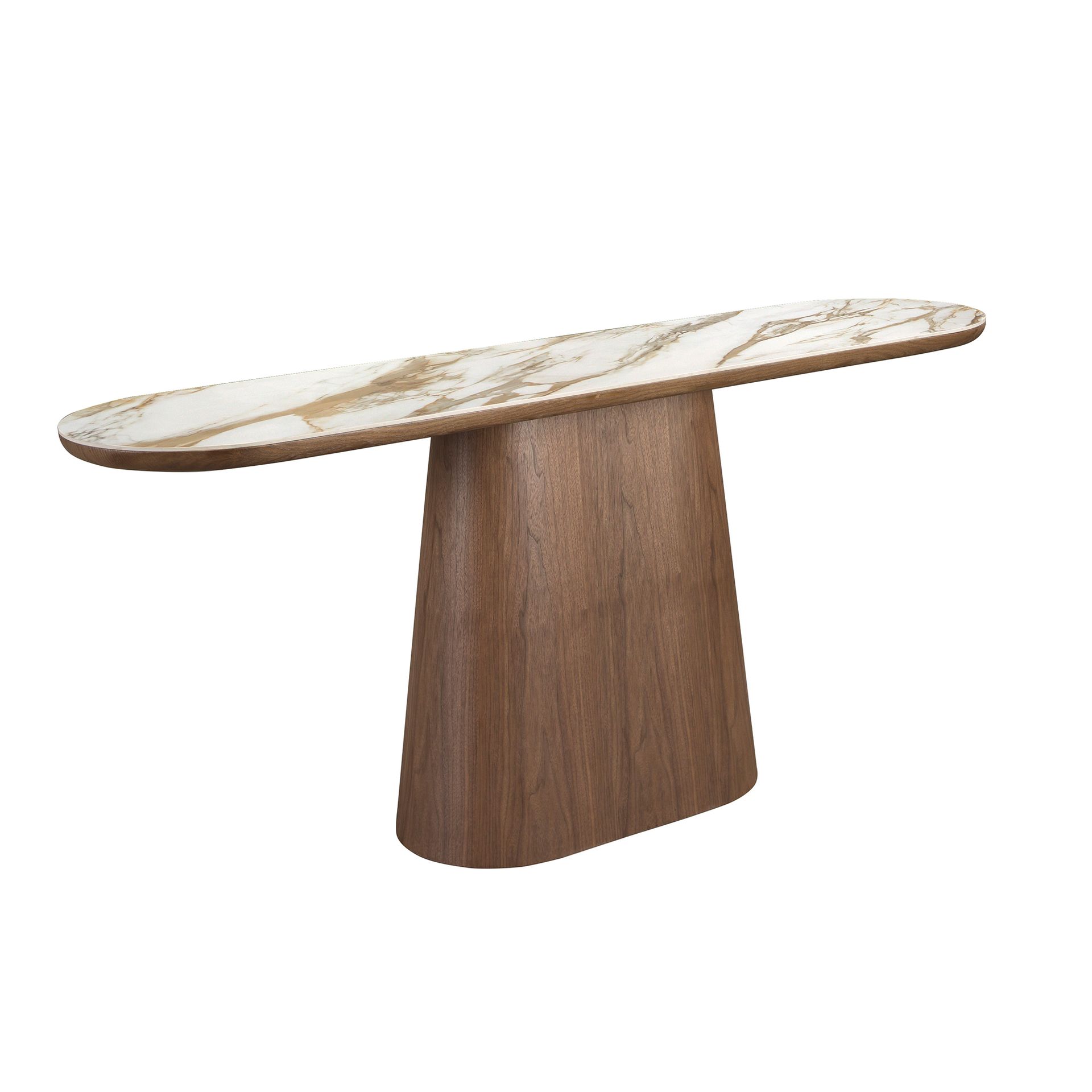Porcelain marble and walnut half round oval console table