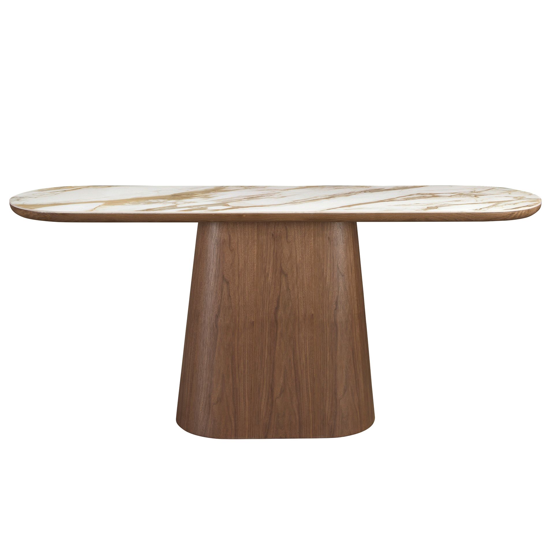 Porcelain marble and walnut half round oval console table