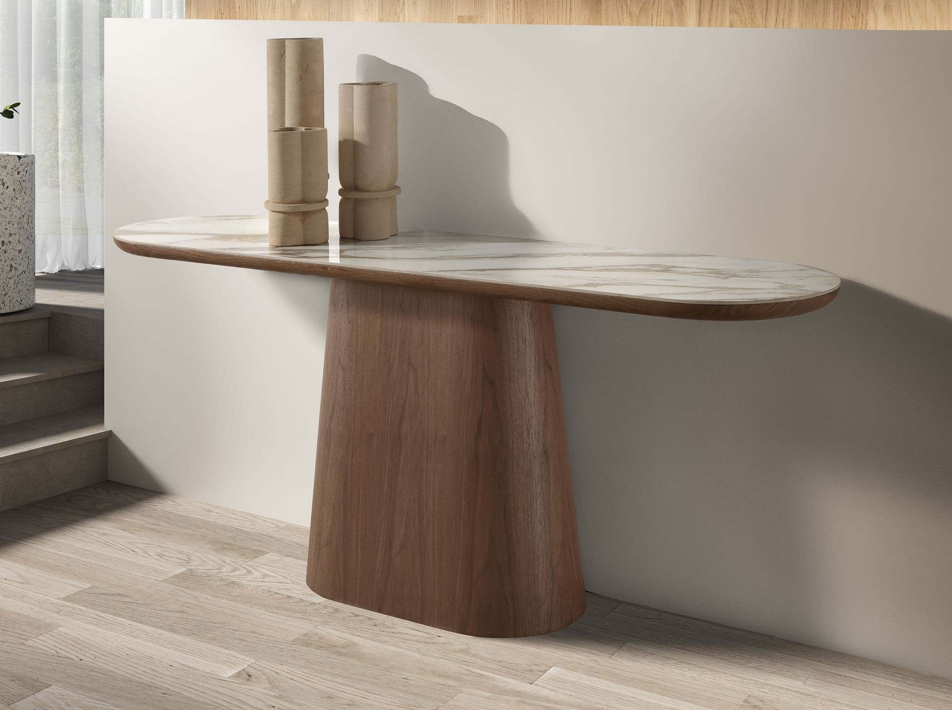 Porcelain marble and walnut half round oval console table