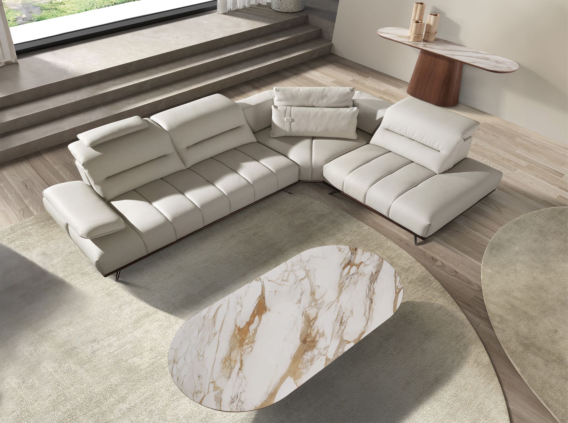 Porcelain marble and walnut half round oval console table