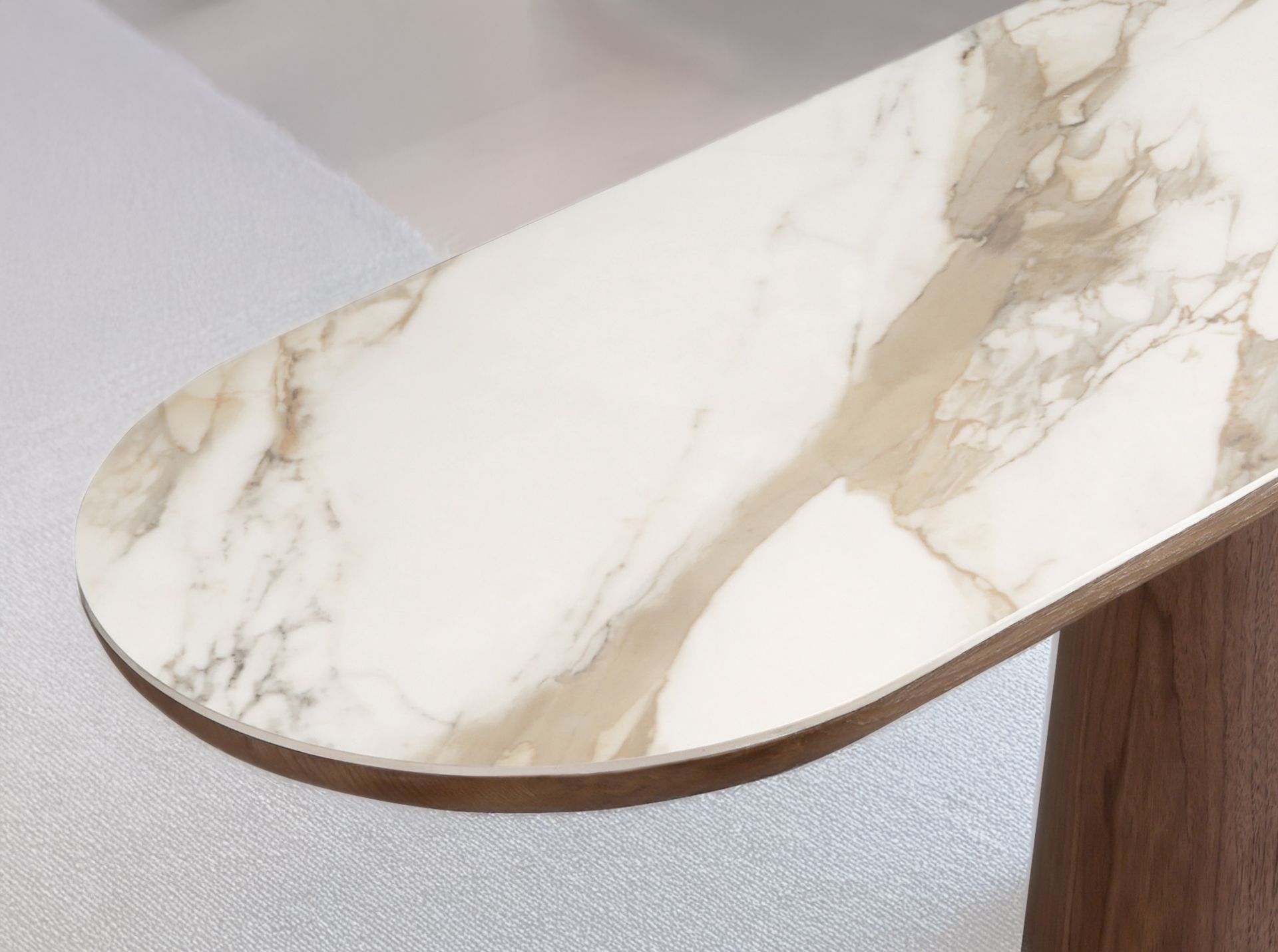 Porcelain marble and walnut half round oval console table