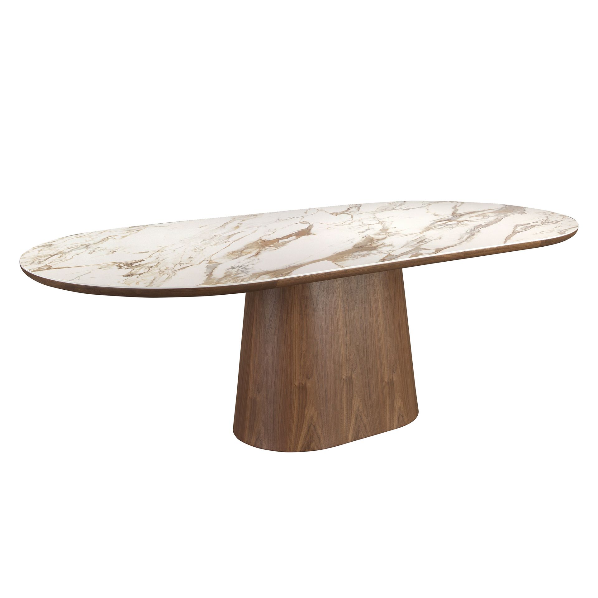 Porcelain marble and walnut half round oval dining table