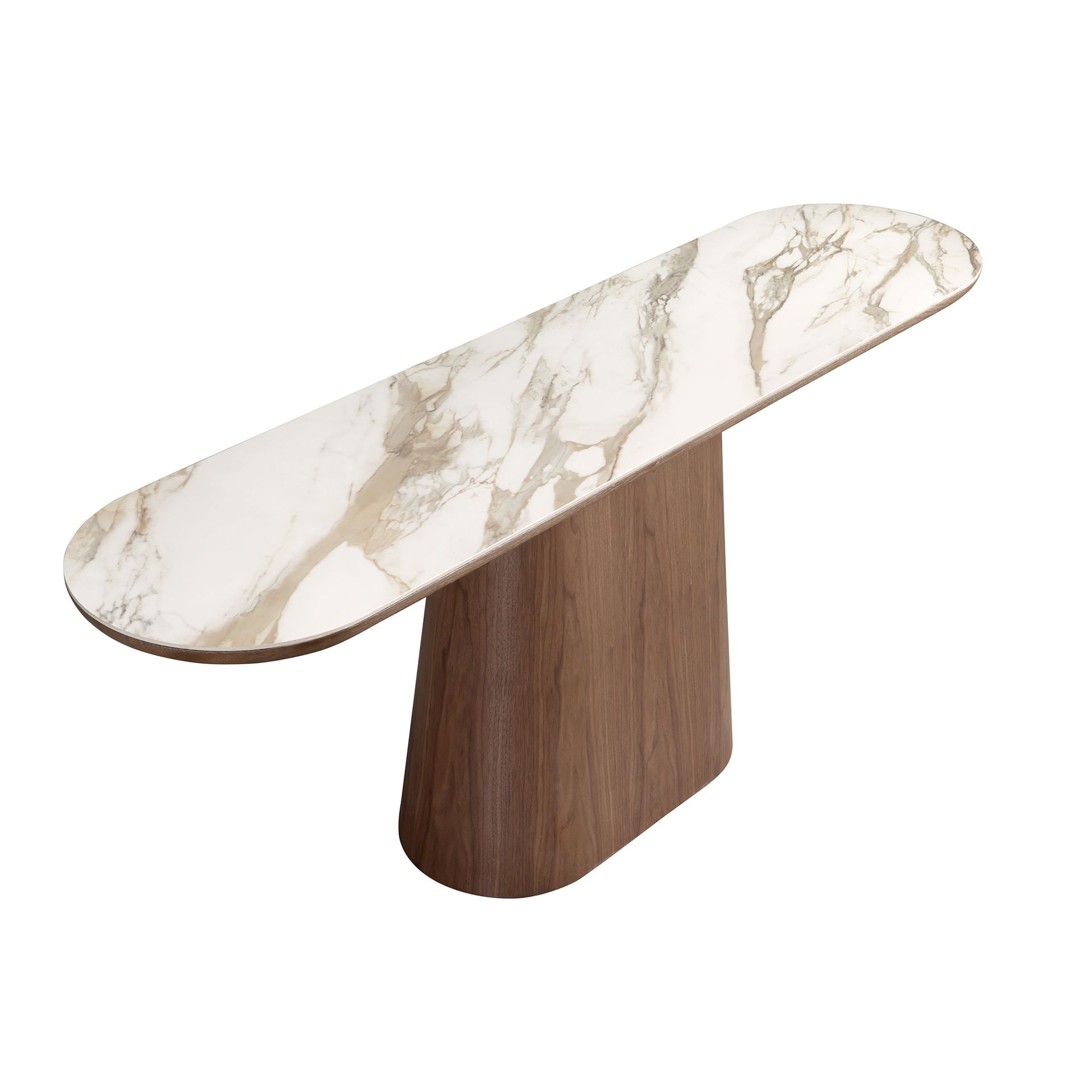 Porcelain marble and walnut half round oval console table