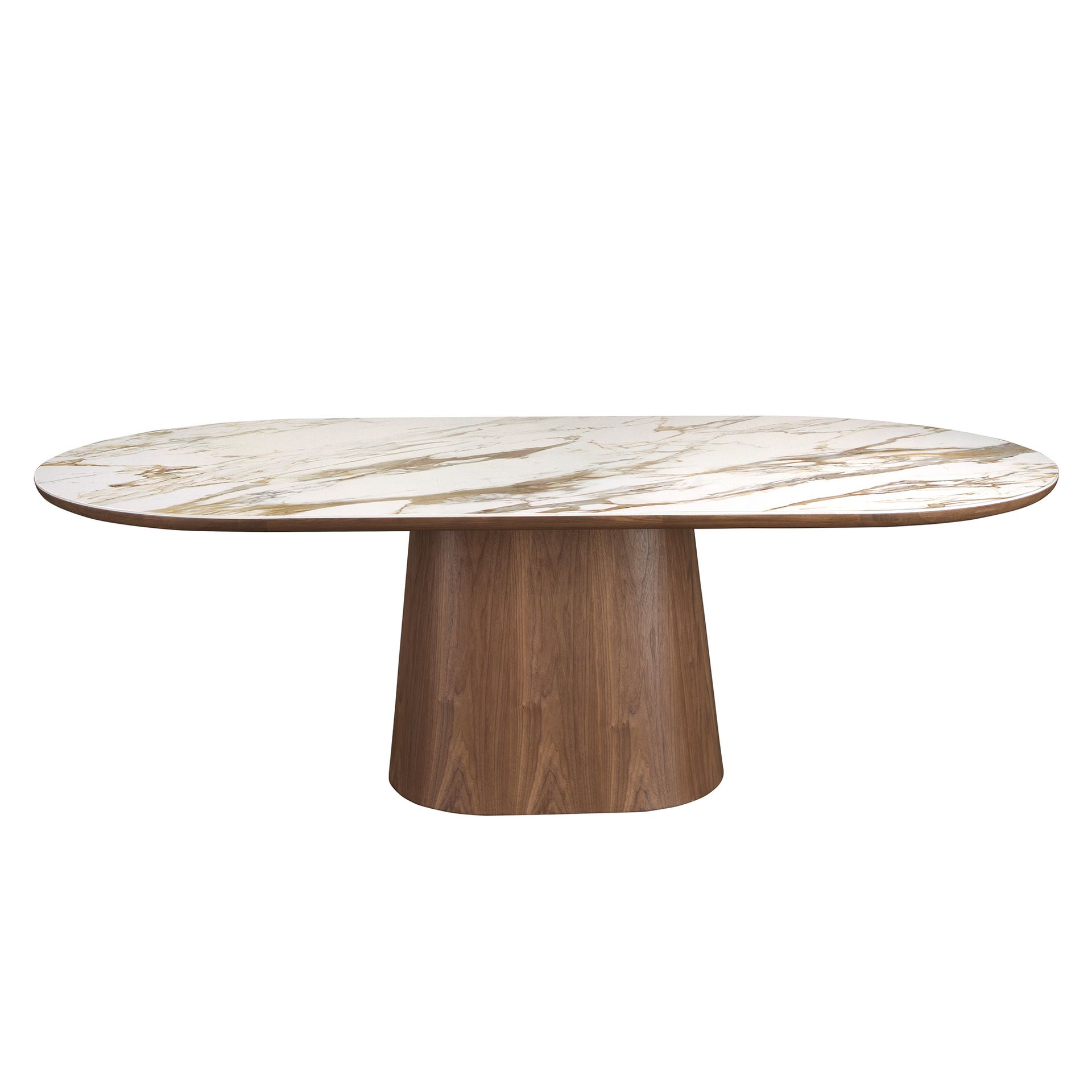 Porcelain marble and walnut half round oval dining table