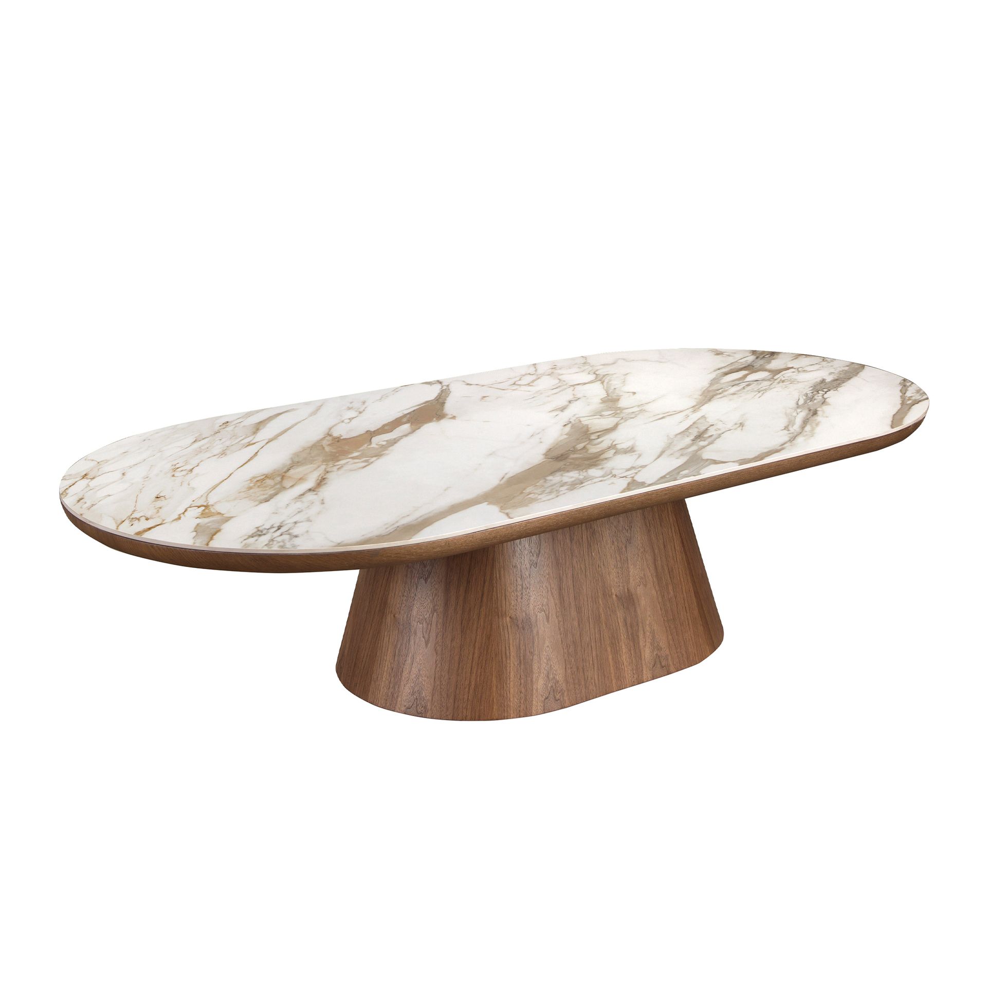 Porcelain marble and walnut oval half round coffee table