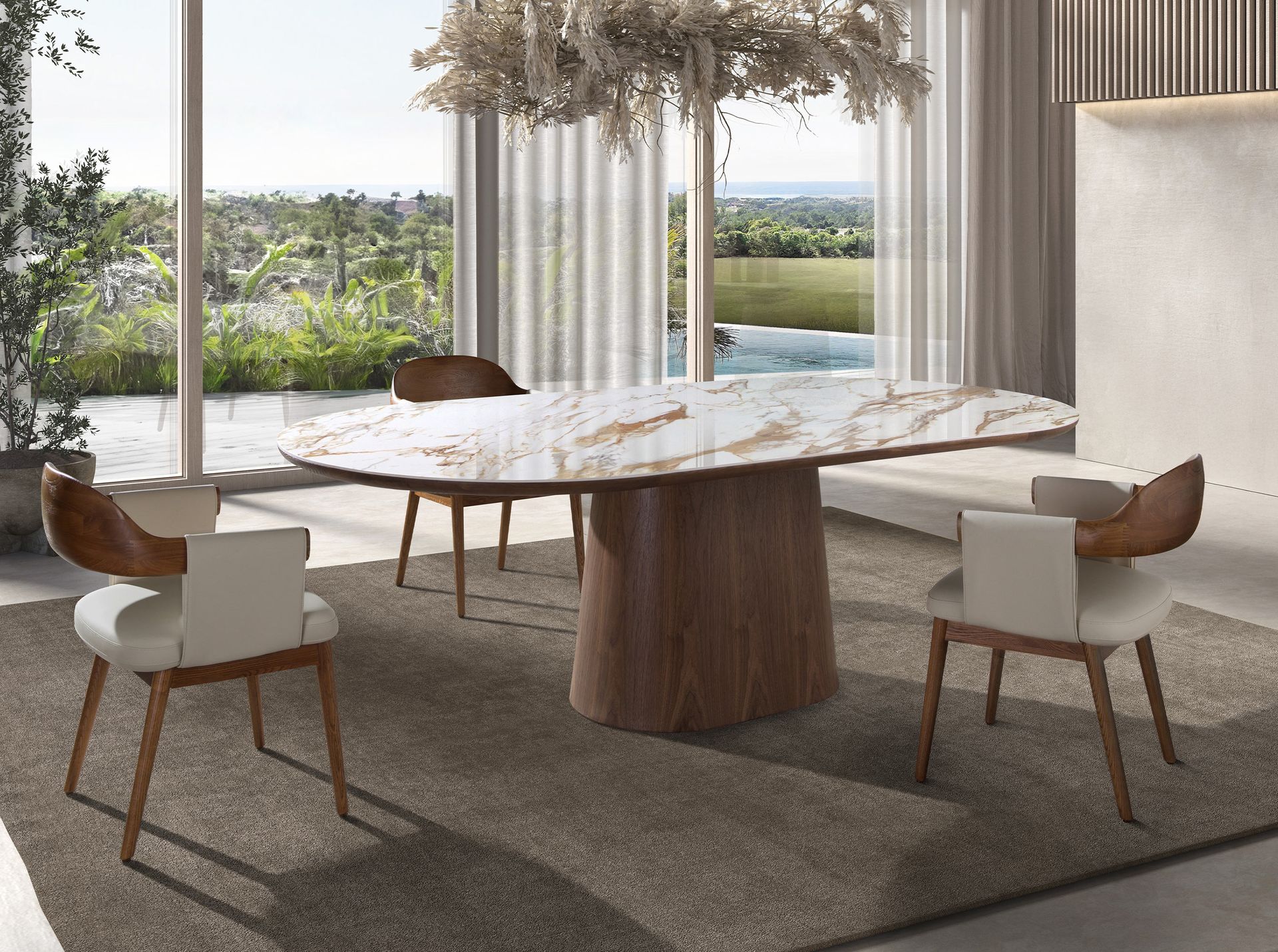 Porcelain marble and walnut half round oval dining table