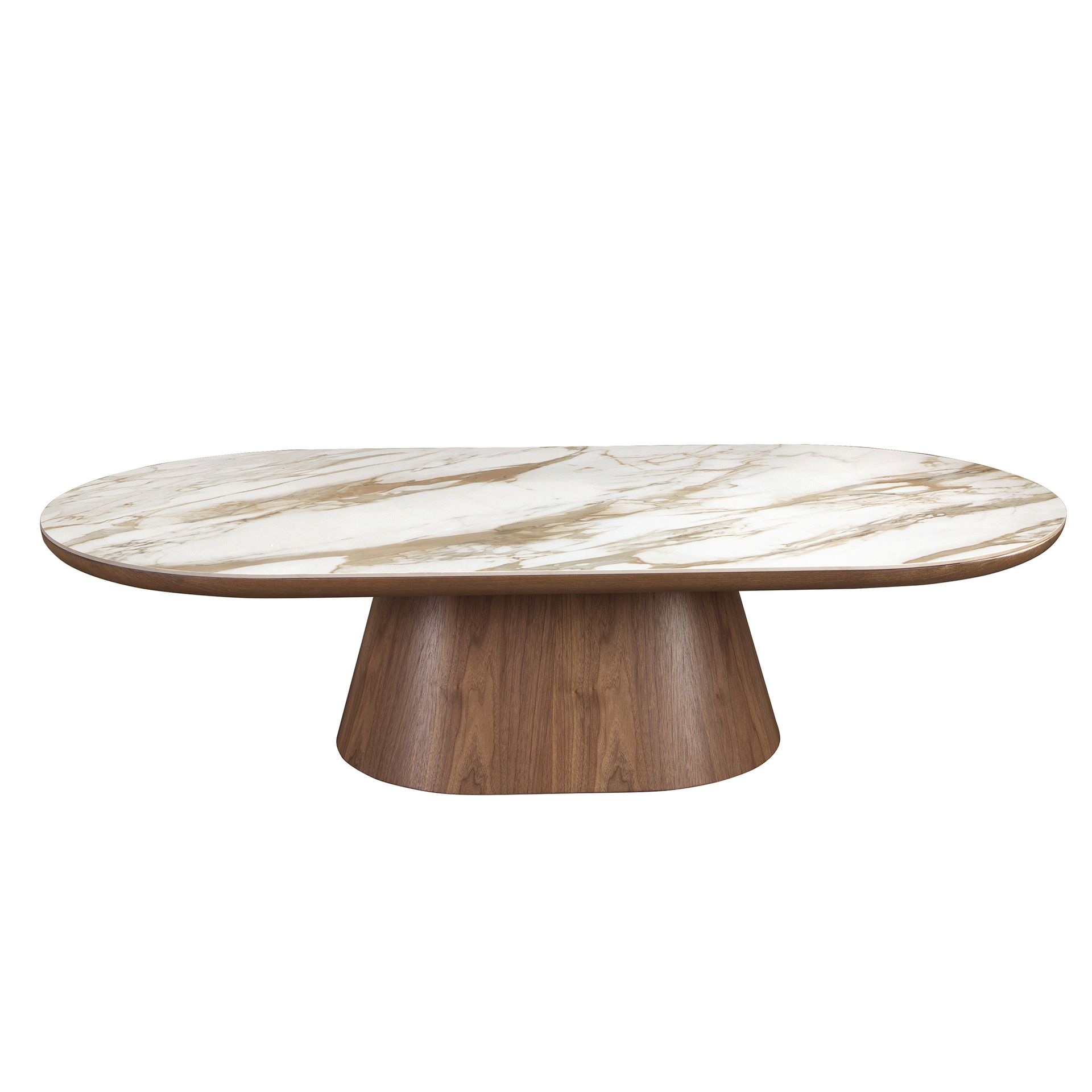 Porcelain marble and walnut oval half round coffee table