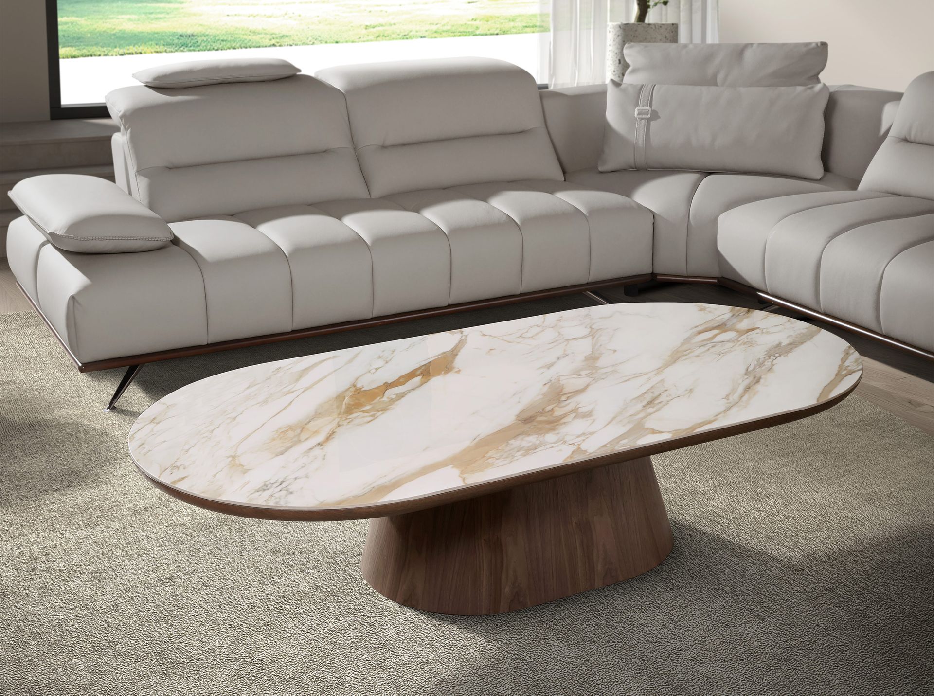 Porcelain marble and walnut oval half round coffee table