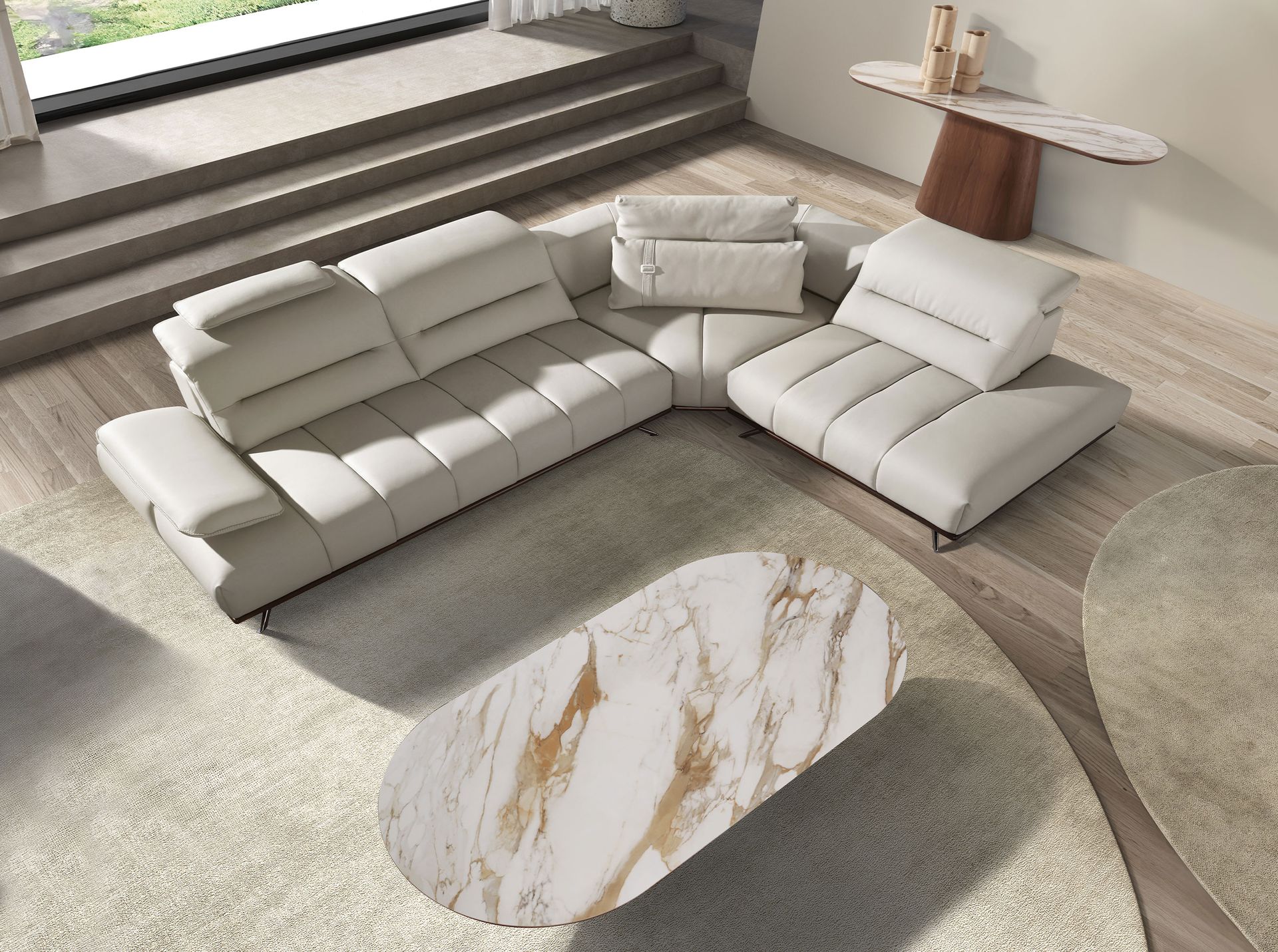 Porcelain marble and walnut oval half round coffee table