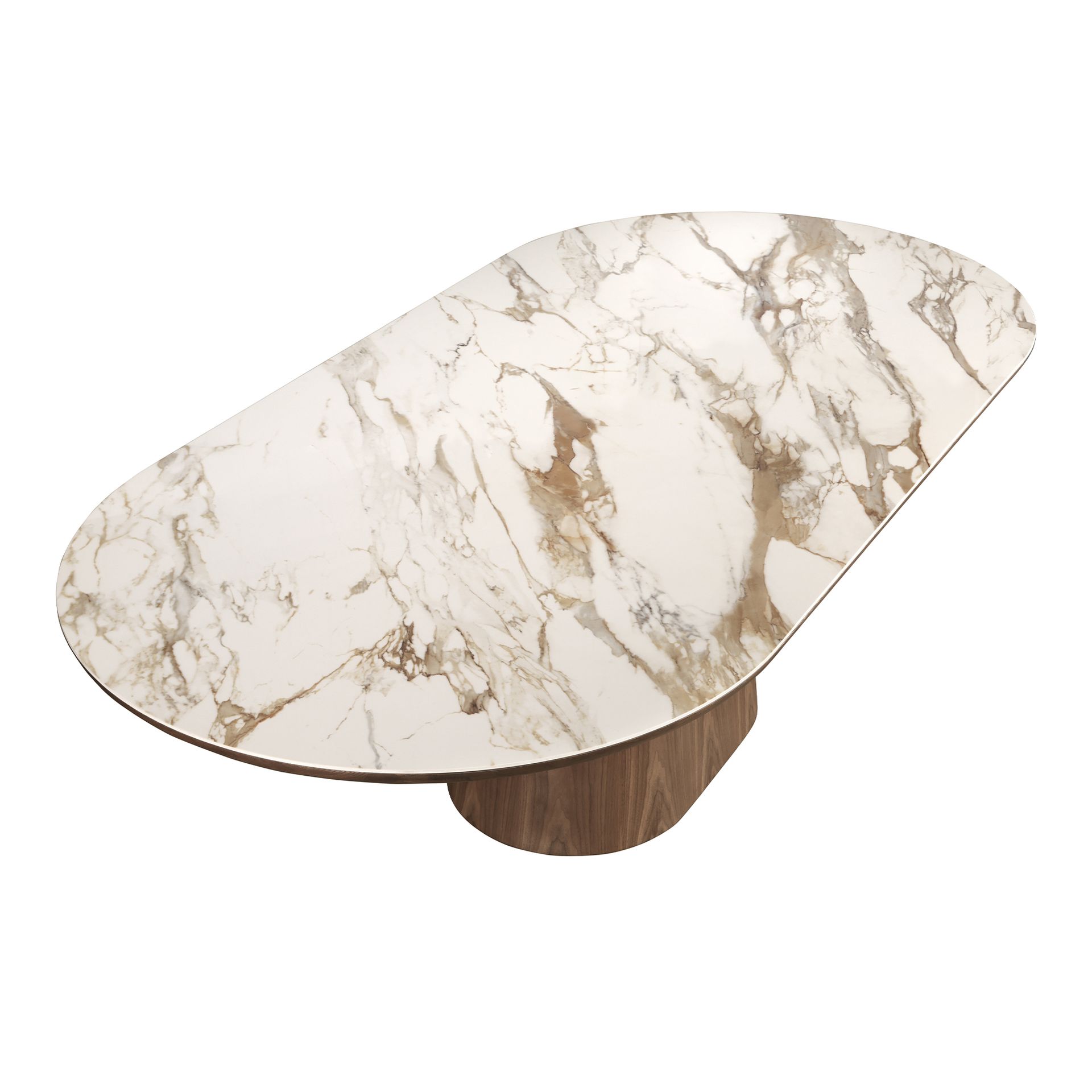 Porcelain marble and walnut half round oval dining table