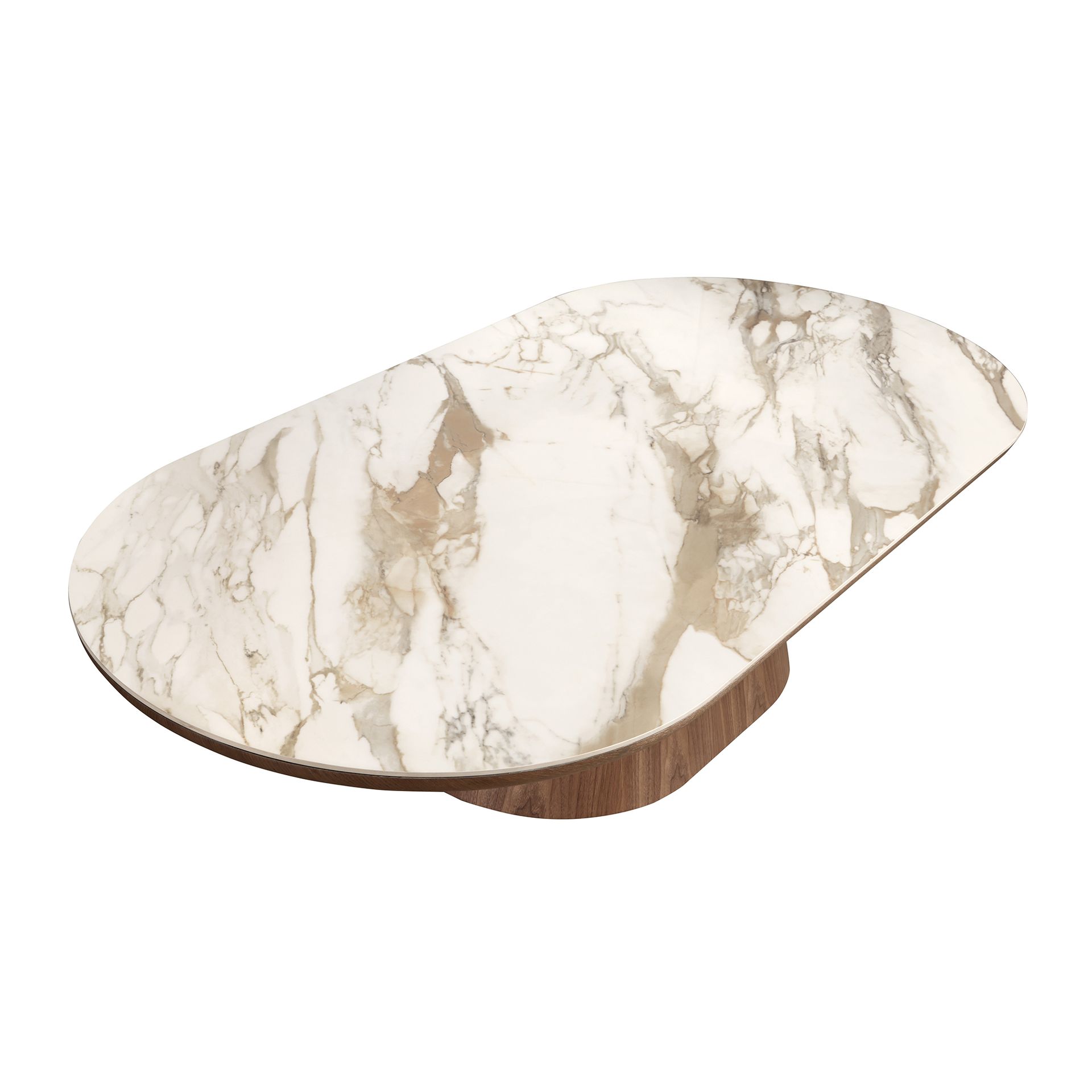Porcelain marble and walnut oval half round coffee table